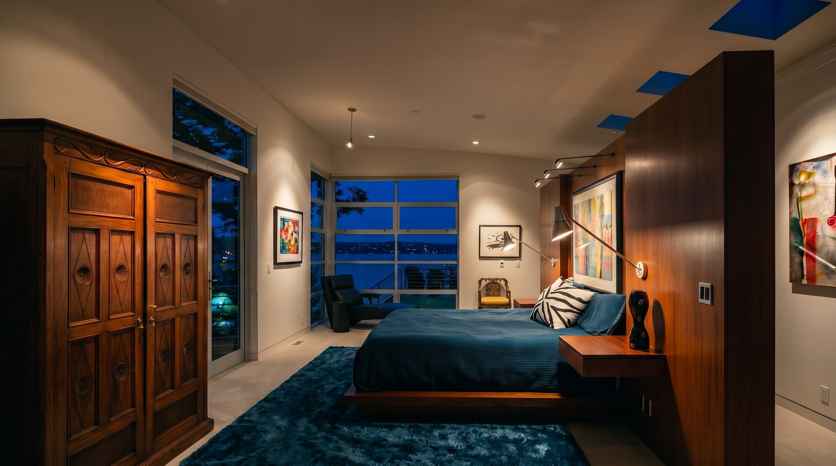 This primary bedroom features a modern, minimalist aesthetic with a prominent wood-paneled accent wall serving as a headboard backdrop. A low-profile platform bed with dark blue bedding sits in the center of the room, complemented by large windows that provide a panoramic view of the water. The space is accented by a tall antique-style wooden wardrobe and a sleek leather lounge chair positioned near the glass doors leading to a balcony.