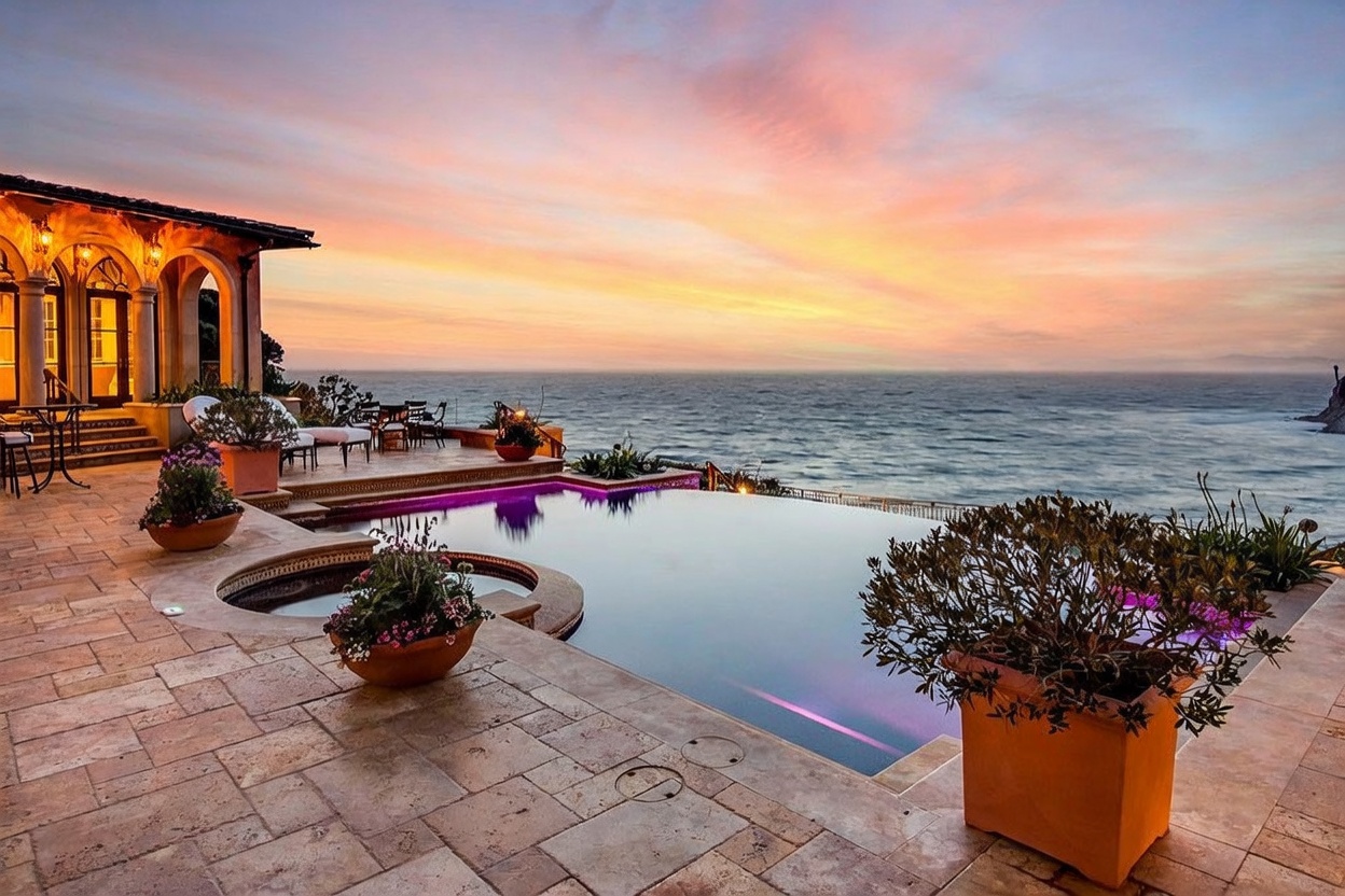 This stunning oceanfront terrace features an infinity-edge pool and integrated spa overlooking a dramatic sunset over the sea. The expansive stone-paved patio is furnished with outdoor seating and decorative planters, creating a luxurious and serene atmosphere. The architectural style of the adjacent home includes arched doorways and warm-toned masonry, perfectly complementing the breathtaking coastal vista.