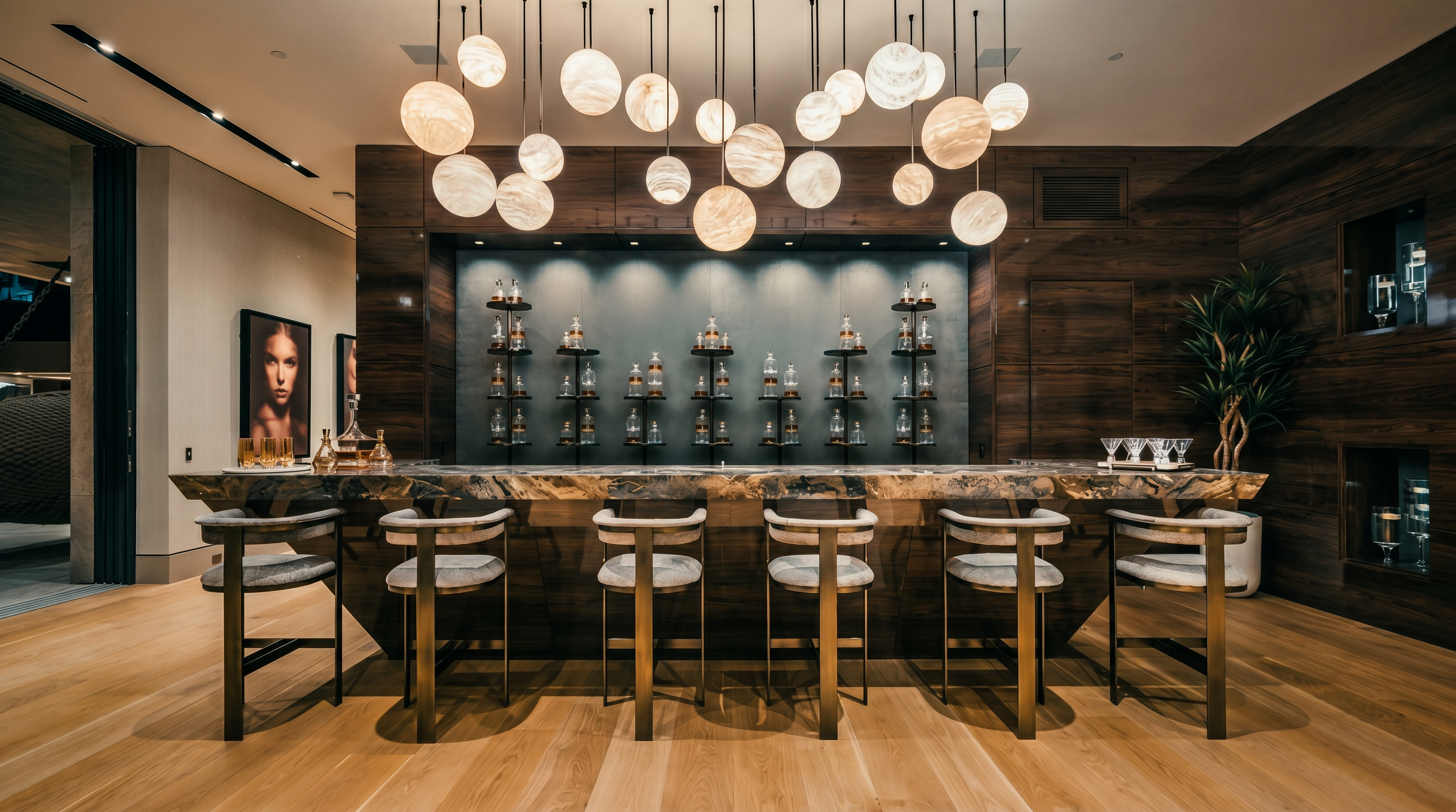 This image showcases a luxurious, modern home bar area characterized by a striking, multi-tiered cluster of spherical pendant lights hanging above a long, stone-topped bar. The bar features dark wood cabinetry with integrated shelving displaying various spirits, complemented by six sleek, metallic-framed bar stools. The warm wood flooring and sophisticated lighting design create an inviting, high-end atmosphere perfect for entertaining.
