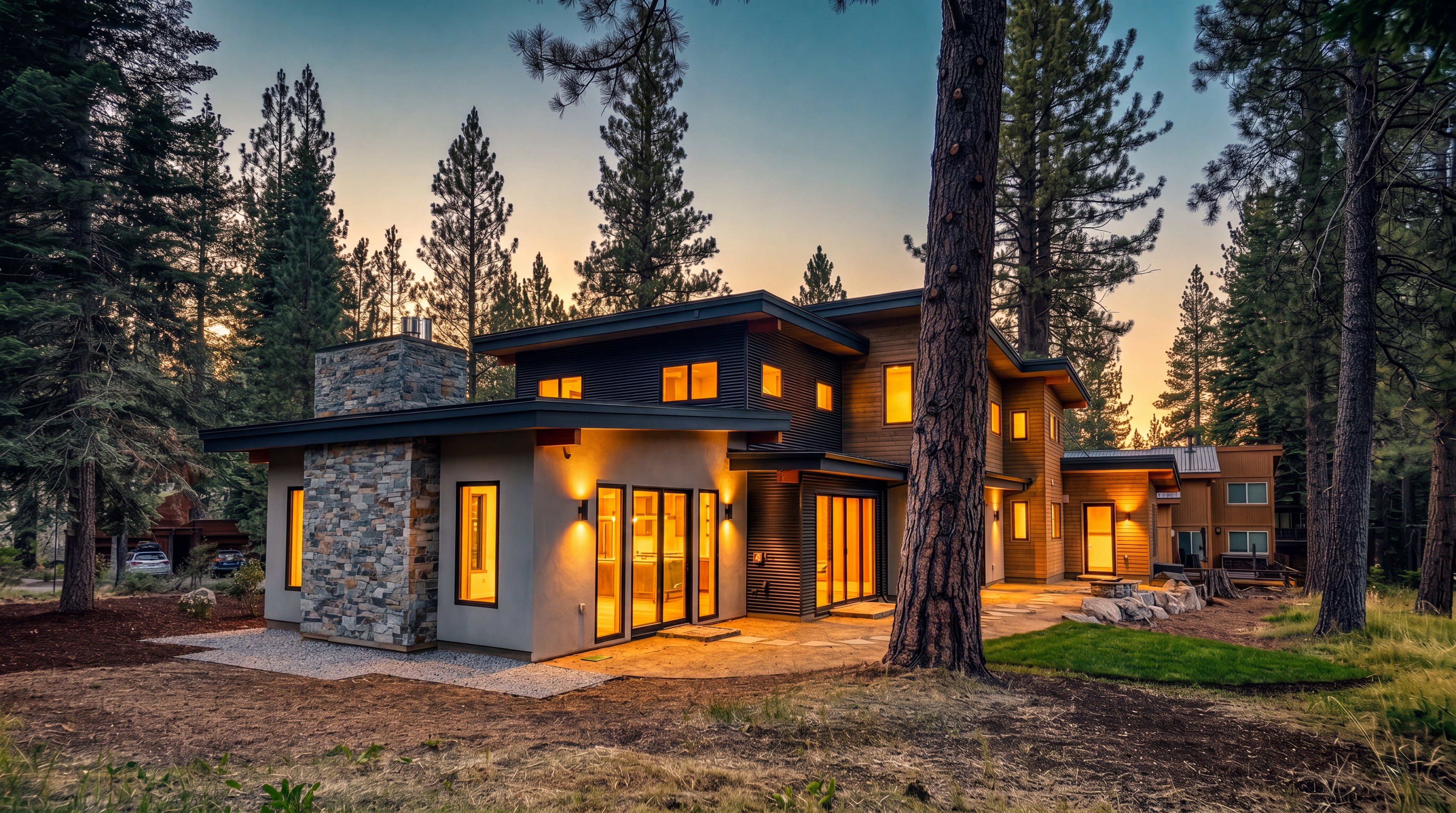 This modern mountain retreat showcases a stunning mix of stone, horizontal wood siding, and metal accents, blending harmoniously with its wooded forest environment. The rear elevation features a large stone chimney, expansive glass doors leading to a stone patio, and warm ambient lighting that highlights its contemporary architectural design. Large windows throughout the home capture the serene twilight glow, emphasizing an inviting and high-end living space.