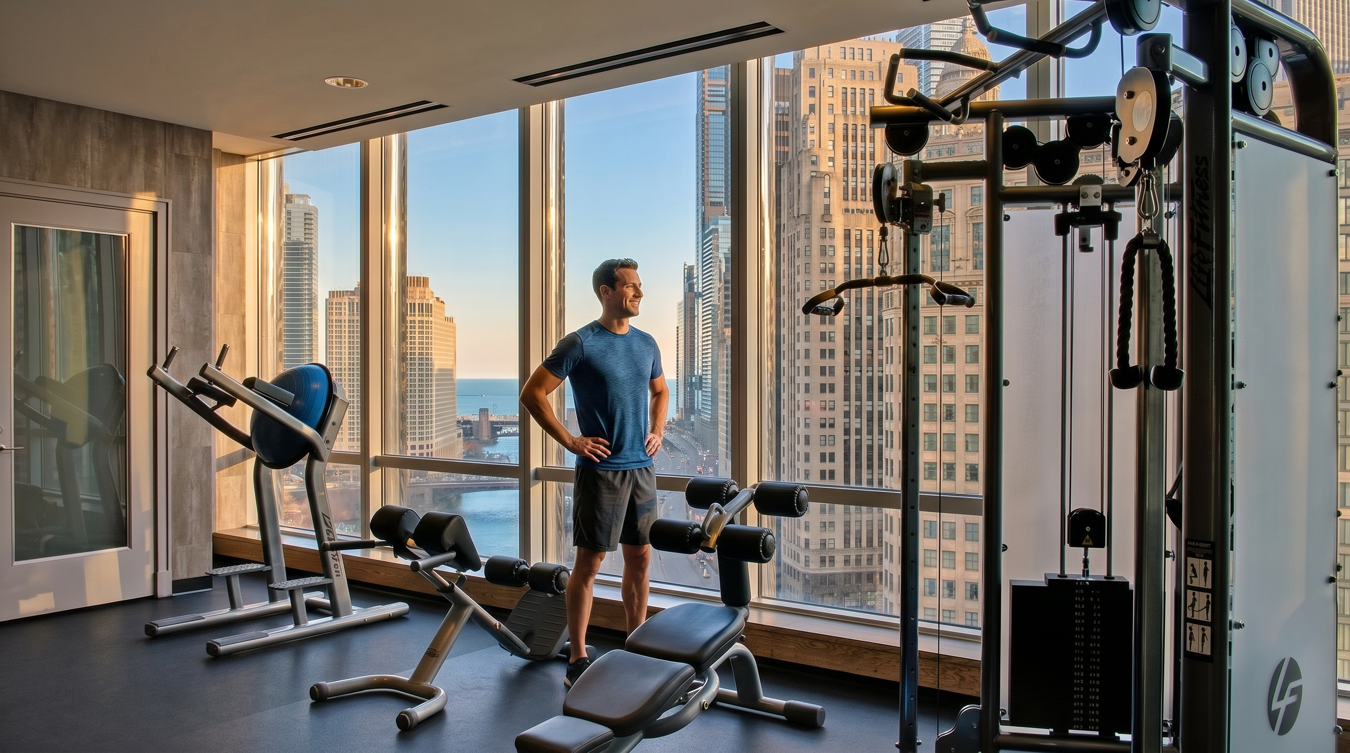 This high-end home gym features professional-grade strength training equipment, including a multi-station cable machine and adjustable benches. The space is defined by expansive floor-to-ceiling windows that provide a dramatic, panoramic view of the city skyline and the nearby waterfront. The modern, minimalist aesthetic is complemented by dark flooring and a sleek, urban atmosphere perfect for a luxury residential building.