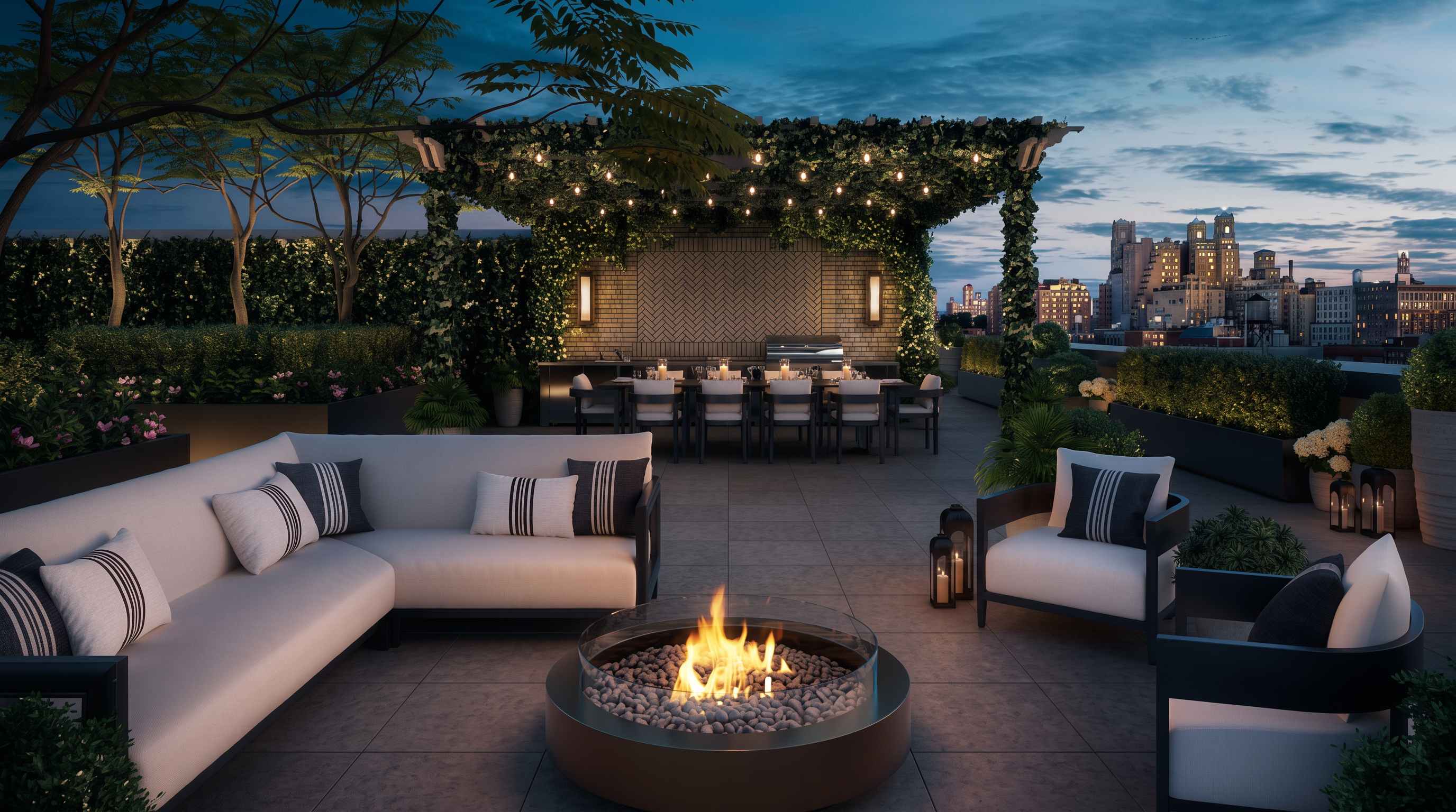 This sophisticated rooftop terrace offers a luxurious outdoor living space with a central circular fire pit surrounded by plush, modern lounge seating. A pergola draped in lush greenery provides a shaded dining area in the background, complete with a long table and integrated lighting. The space is framed by manicured hedges and offers a stunning, elevated view of the city skyline at dusk.
