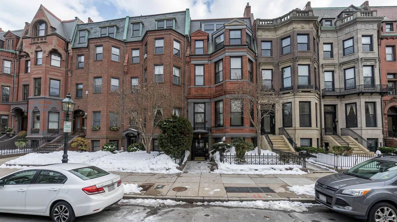 This image captures the front entryway of a classic brick townhouse, accessed by a stone walkway flanked by decorative black iron fencing. The entrance features a dark-painted door with a small balcony above, set against a backdrop of traditional masonry and tall, multi-pane windows. The scene is framed by snow-covered landscaping, suggesting a cold, winter setting that highlights the home's historic urban character.