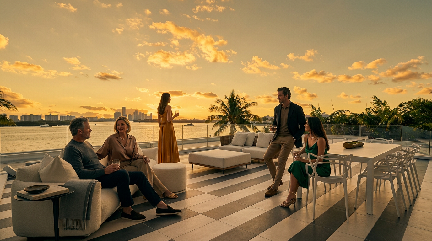 This expansive rooftop terrace features a modern outdoor dining set and comfortable lounge seating, set against a striking backdrop of the city skyline and open water. The deck is finished with a bold, striped tile pattern, and a sleek glass railing provides an unobstructed view of the horizon. The scene is captured at sunset, creating a warm, inviting atmosphere perfect for high-end outdoor entertaining.