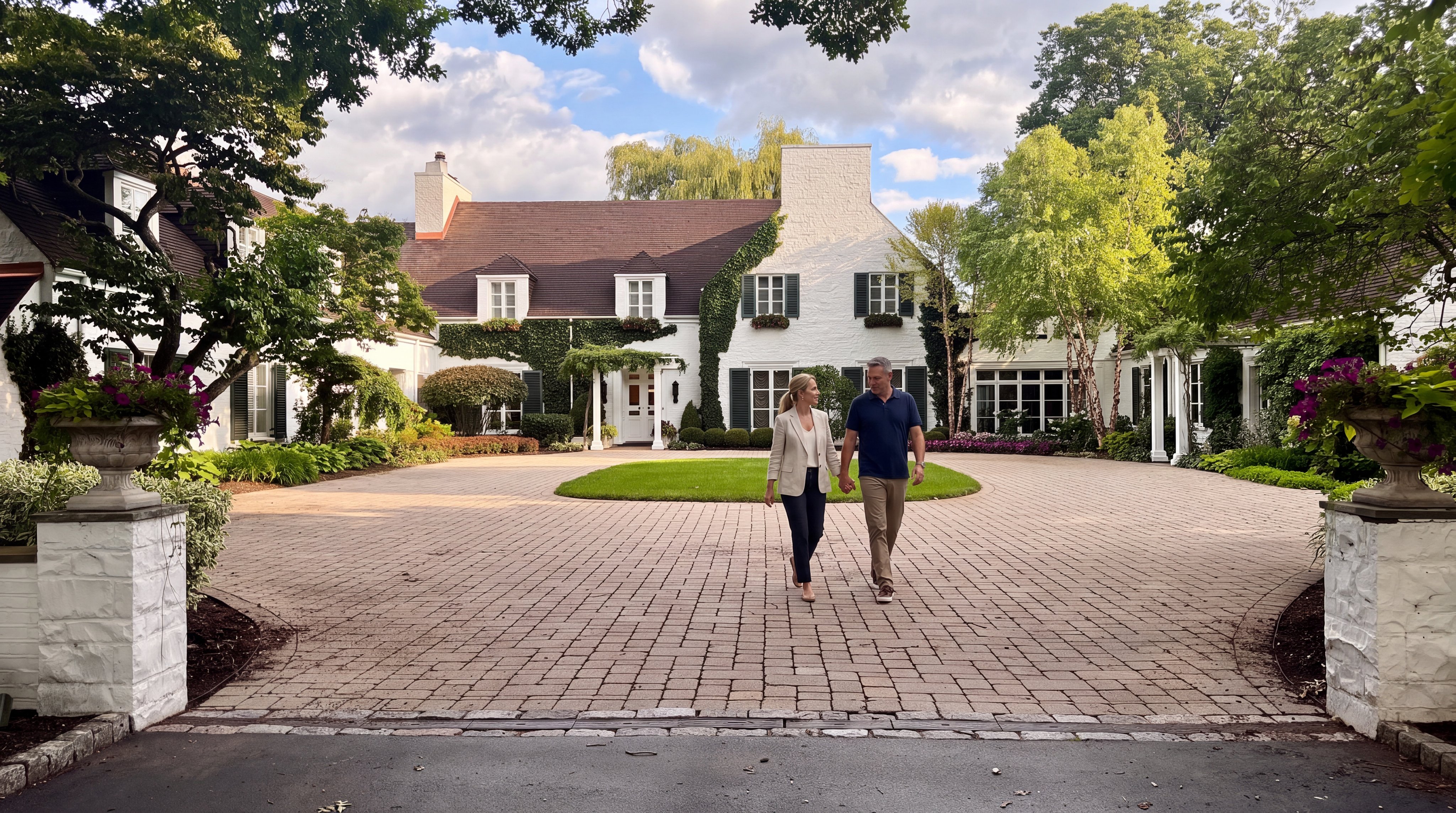 This stunning estate features a classic white-painted brick exterior with charming dormer windows and lush greenery climbing the facade. The expansive paved motor court leads to a grand entrance, complemented by a neatly manicured circular lawn. The property exudes elegance and curb appeal, offering a picturesque setting with mature trees and professional landscaping.