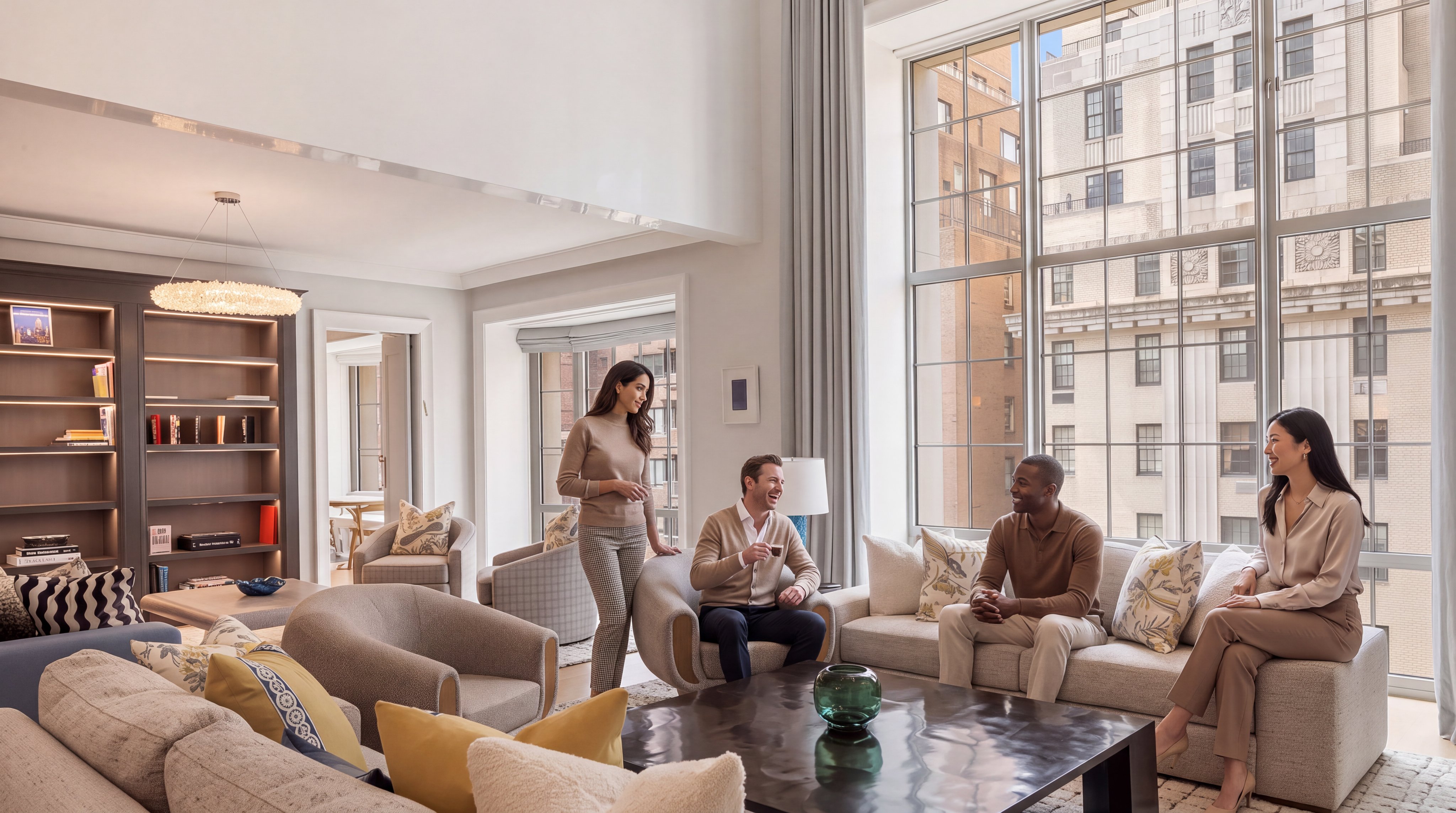 This elegant and spacious living room features soaring ceilings and expansive floor-to-ceiling windows that provide abundant natural light and an urban view. The space is expertly staged with a sophisticated seating area, built-in shelving, and a modern chandelier, creating a refined and welcoming atmosphere perfect for entertaining. The neutral color palette and high-end furnishings highlight the luxury lifestyle offered by this property.
