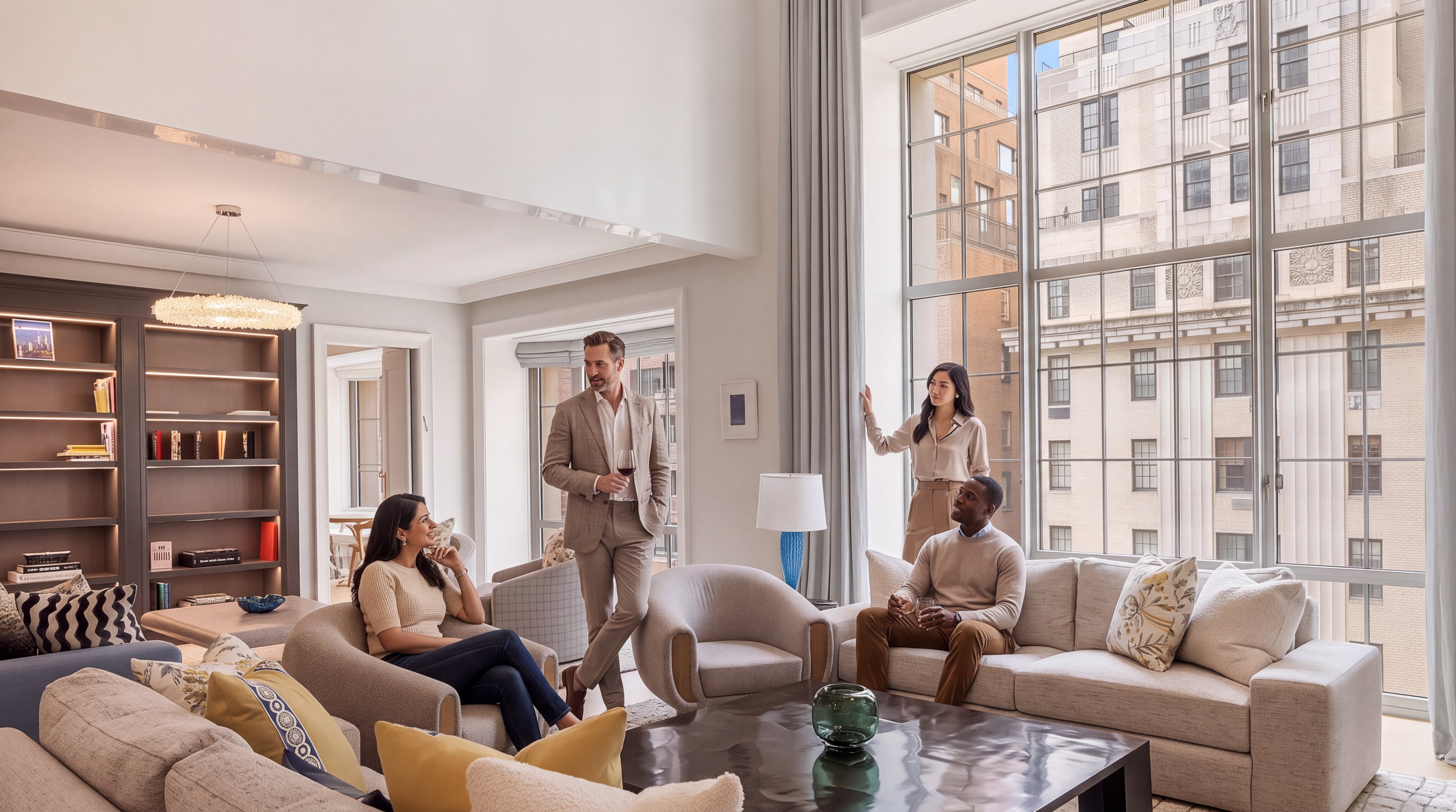 This spacious and light-filled living room boasts high ceilings and floor-to-ceiling windows that offer expansive urban views. The room is elegantly furnished with a modern sectional, plush armchairs, and a sleek coffee table, creating a sophisticated environment perfect for socializing. A built-in bookshelf and a stylish pendant light add functional elegance to the room's contemporary interior design.