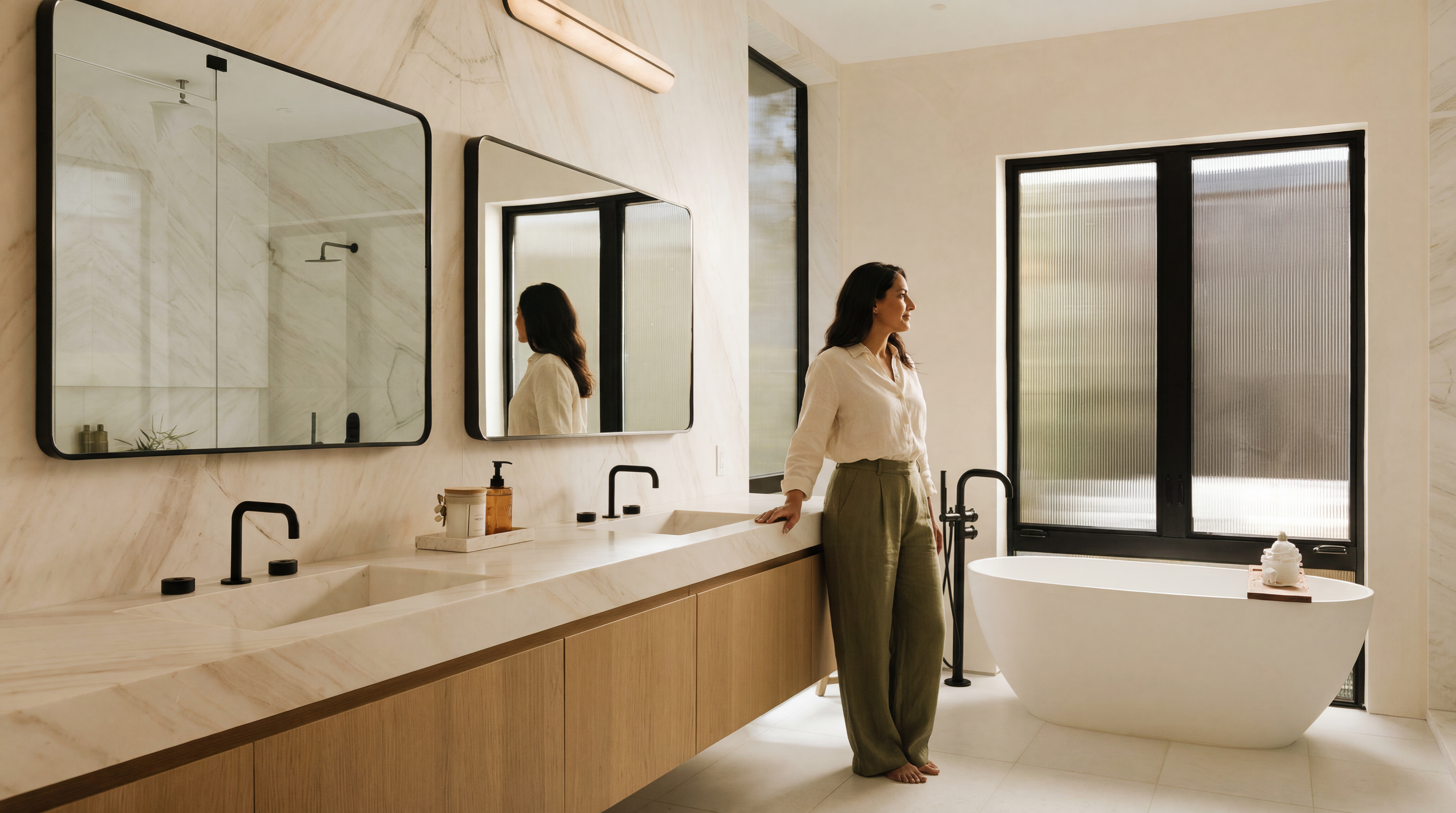 This luxurious primary bathroom features a double-sink vanity with a sleek marble countertop, warm wood cabinetry, and elegant black fixtures. A freestanding soaking tub is positioned gracefully beneath a large, framed window with textured glass, offering privacy while maintaining an airy atmosphere. The space exudes a sophisticated, contemporary aesthetic, highlighted by modern mirrors and high-end marble wall cladding.