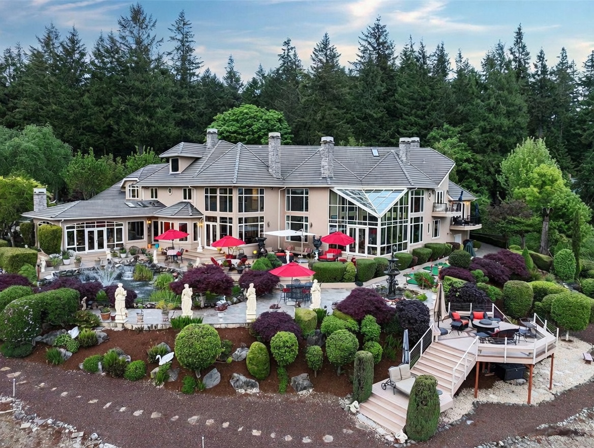 This expansive rear view captures a grand multi-story residence nestled against a dense forest backdrop. The home features a complex roofline, a prominent glass-enclosed conservatory, and a meticulously landscaped backyard complete with a stone-lined pond, multiple red umbrellas over patio seating, and a wooden deck. The scene is framed by manicured hedges, decorative statues, and a lush, tiered garden, creating a luxurious and serene estate atmosphere.