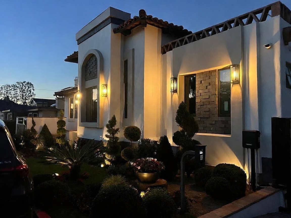This striking front exterior view showcases a modern Mediterranean-inspired home illuminated by warm, ambient wall sconces at dusk. The facade features smooth, light-colored stucco walls contrasted by a textured stone accent wall and a dark, multi-tiered tile roof. A meticulously landscaped front garden with manicured shrubs, a central potted plant, and soft ground lighting creates an inviting and sophisticated curb appeal.