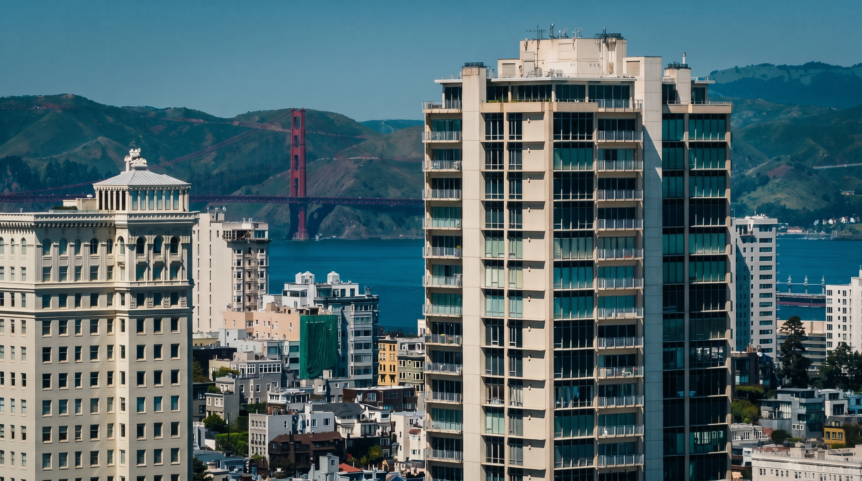 This high-angle aerial view captures a dense urban cityscape in San Francisco, featuring a prominent modern high-rise residential tower in the foreground and a historic, ornate building to its left. The iconic Golden Gate Bridge spans the blue waters of the bay in the background, framed by rolling hills under a clear sky. The composition highlights the contrast between classic architectural details and contemporary glass-facade design within a vibrant metropolitan setting.