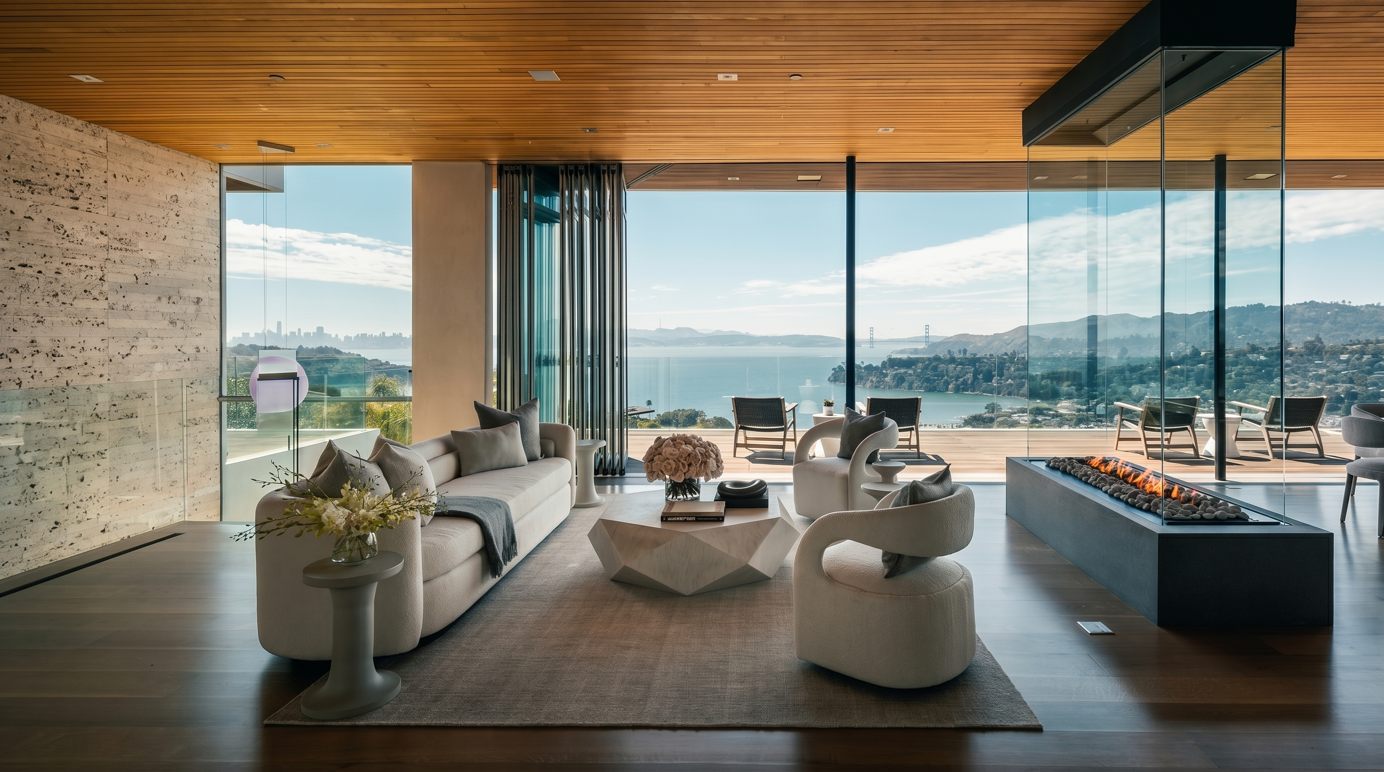 This sophisticated living room features a minimalist design with a neutral color palette and expansive floor-to-ceiling glass walls that frame a panoramic view of the bay and distant city skyline. The space is anchored by a large, textured sofa and a geometric coffee table, complemented by a sleek, glass-encased linear fireplace that serves as a striking architectural focal point. A warm wood-paneled ceiling adds natural texture to the room, while the seamless transition to the outdoor deck enhances the sense of open-concept luxury.