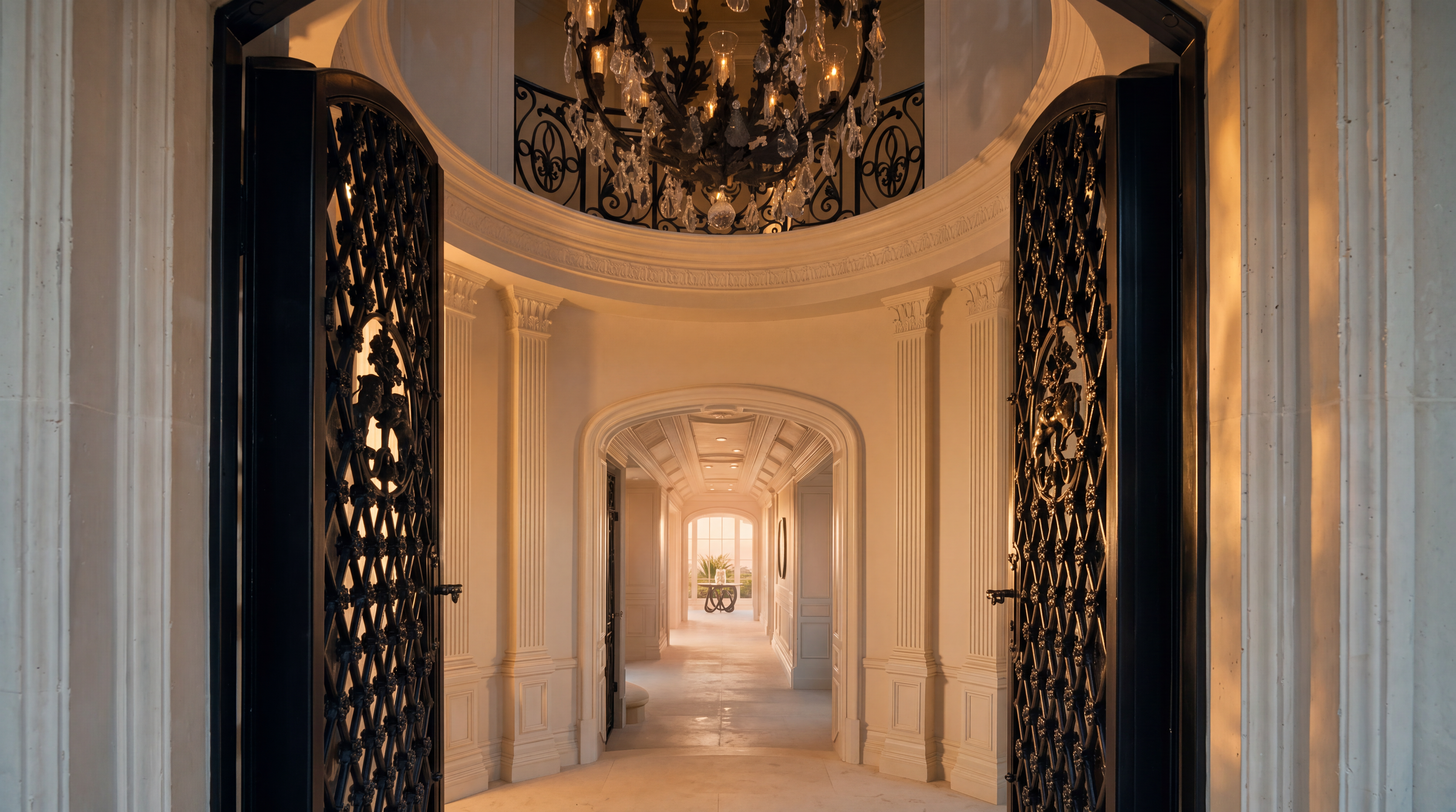 This grand entryway features ornate, dark metal double doors that open into a bright, white-walled foyer. A dramatic, multi-tiered crystal chandelier hangs from a domed ceiling, casting light over the polished stone flooring. The perspective looks through a series of arched transitions into a long, elegant hallway, emphasizing the home's expansive and sophisticated architectural scale.
