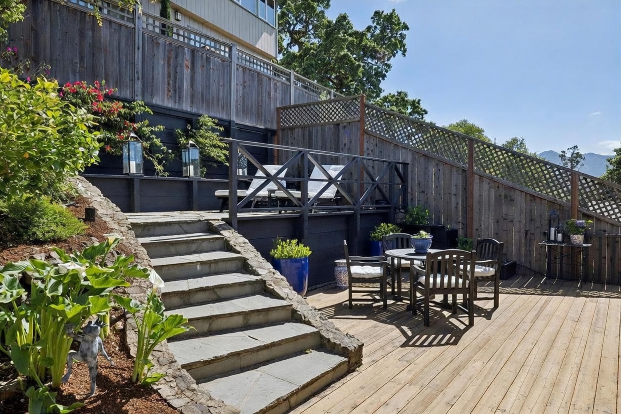 This multi-level outdoor living space features a wooden deck furnished with a dining set and a raised stone-walled terrace containing two lounge chairs. The area is framed by a tall wooden privacy fence with lattice detailing and lush landscaping, including potted plants and flowering shrubs. The perspective captures a bright, sunny afternoon, highlighting the tiered layout and the inviting, private atmosphere of the backyard retreat.