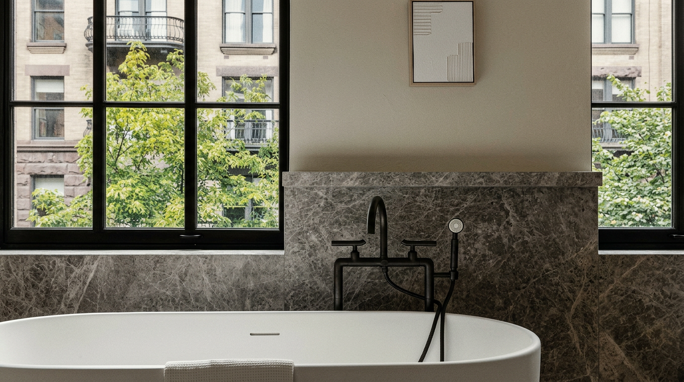 This elegant primary bathroom features a sleek, white freestanding soaking tub set against a sophisticated grey marble accent wall. A dark bronze bridge-style faucet with a handheld shower attachment adds a touch of modern luxury, while two minimalist framed art pieces decorate the neutral-toned wall above. The large window provides a serene view of lush green trees and neighboring architecture, creating a tranquil and high-end spa-like atmosphere.