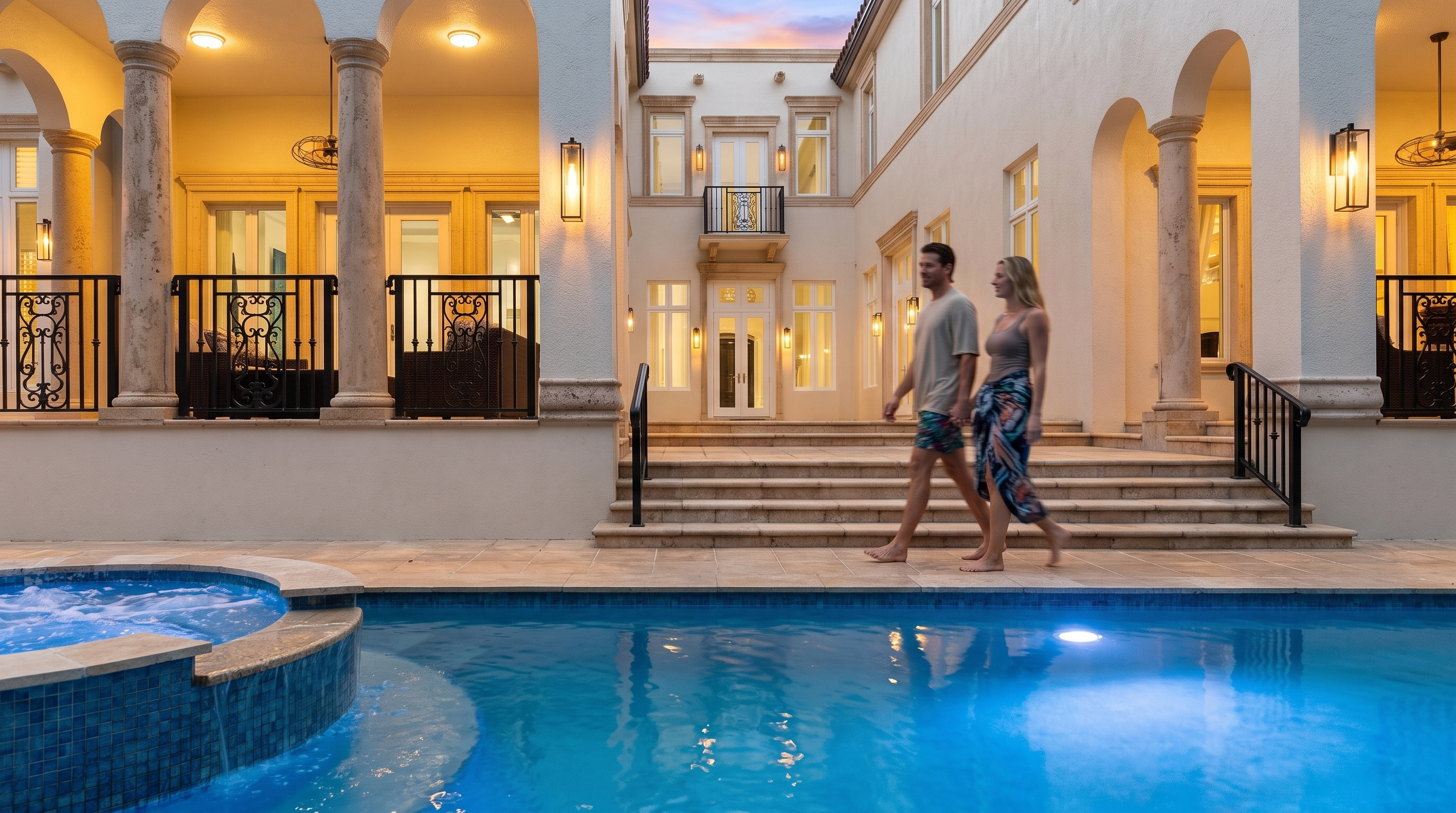 This grand Mediterranean-style estate features a symmetrical two-story facade with arched loggias and classical columns overlooking a private swimming pool. The warm, golden lighting emanating from the interior creates an inviting atmosphere, highlighting the architectural details and the expansive stone patio. The perspective is centered, capturing the balanced design of the home as it frames the pool area, suggesting a luxurious and tranquil outdoor living space.
