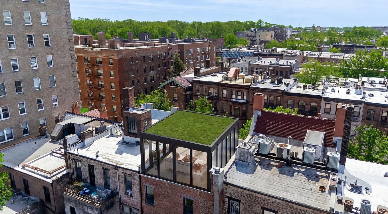 This high-angle aerial view showcases a dense urban neighborhood, highlighting a prominent rooftop addition featuring a modern glass-enclosed structure with a lush green roof. The surrounding architecture consists of classic brick townhouses and apartment buildings, creating a contrast between traditional city living and contemporary design. The perspective provides a cinematic overview of the property's integration into the established cityscape.