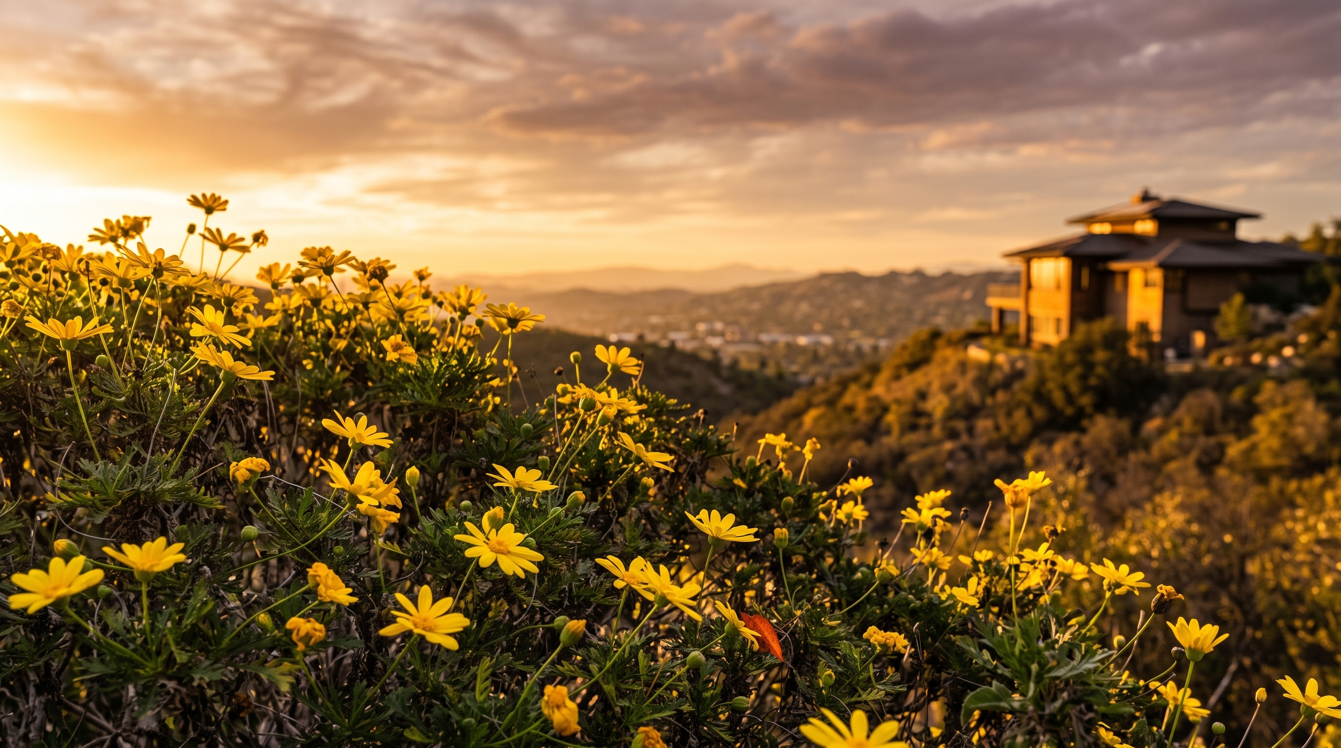 This image features a vibrant, sunlit cluster of yellow flowering shrubs set against a scenic, hilly landscape. The lush green foliage and bright blooms suggest a well-maintained native garden, providing natural landscaping appeal. The blurred background of hills and blue sky enhances the serene and picturesque quality of the property's exterior setting.