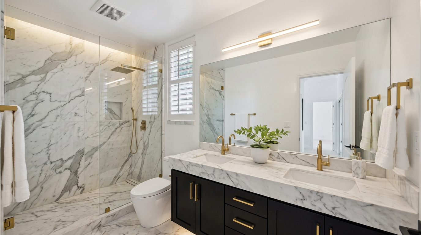 This luxurious primary bathroom features a double-sink vanity with dark cabinetry topped with striking marble stone. The space includes a spacious glass-enclosed walk-in shower with matching marble tiling and modern brass fixtures, creating a sophisticated and cohesive aesthetic. A large, well-lit mirror over the vanity enhances the bright, clean, and high-end feel of the room.