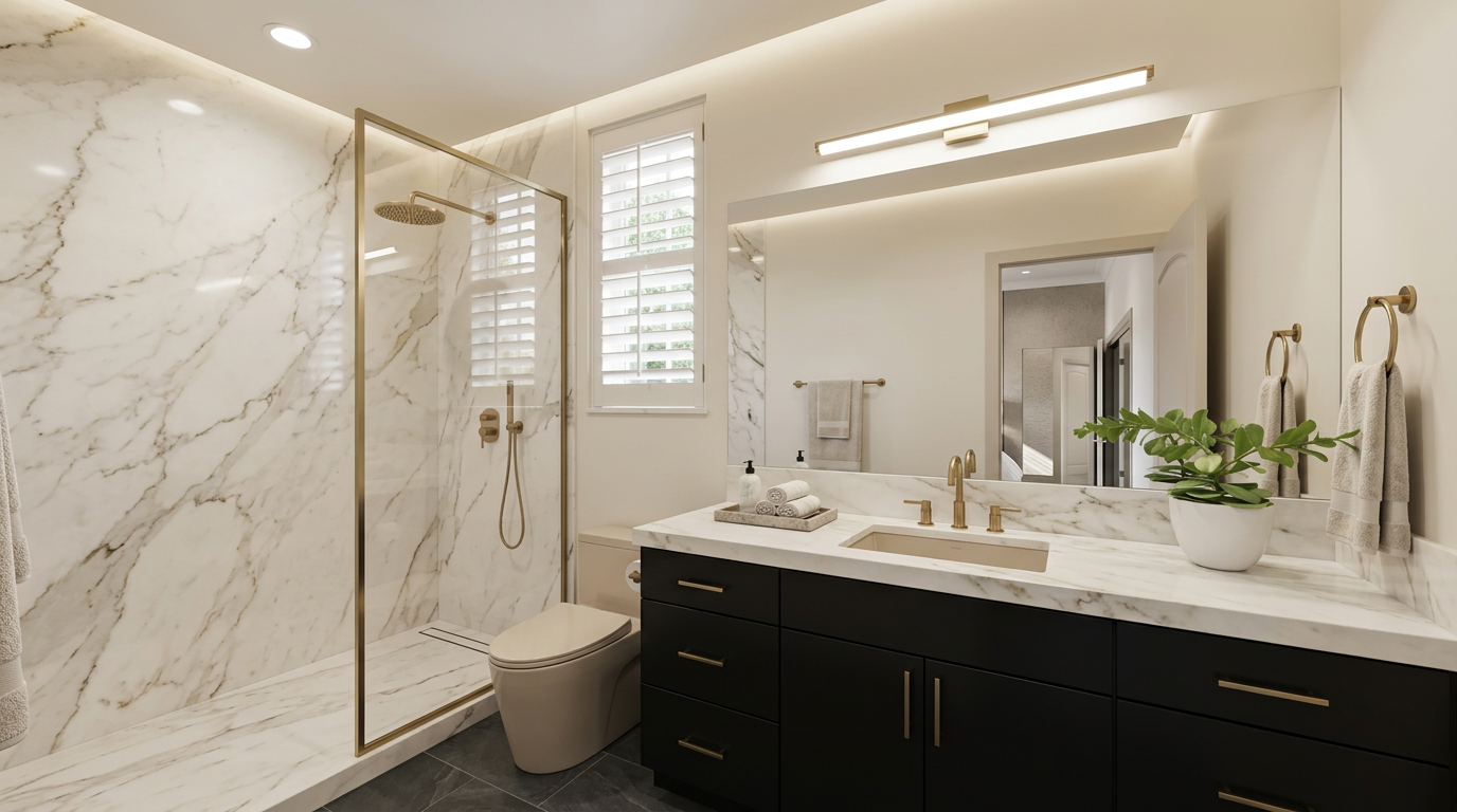 This luxurious primary bathroom features a sleek, modern aesthetic with high-end finishes, including a glass-enclosed shower with floor-to-ceiling marble-patterned tile. The space is anchored by a dark vanity topped with matching marble countertops, accented by elegant gold fixtures and hardware. Large mirrors, recessed lighting, and soft ambient light create a bright and sophisticated atmosphere.