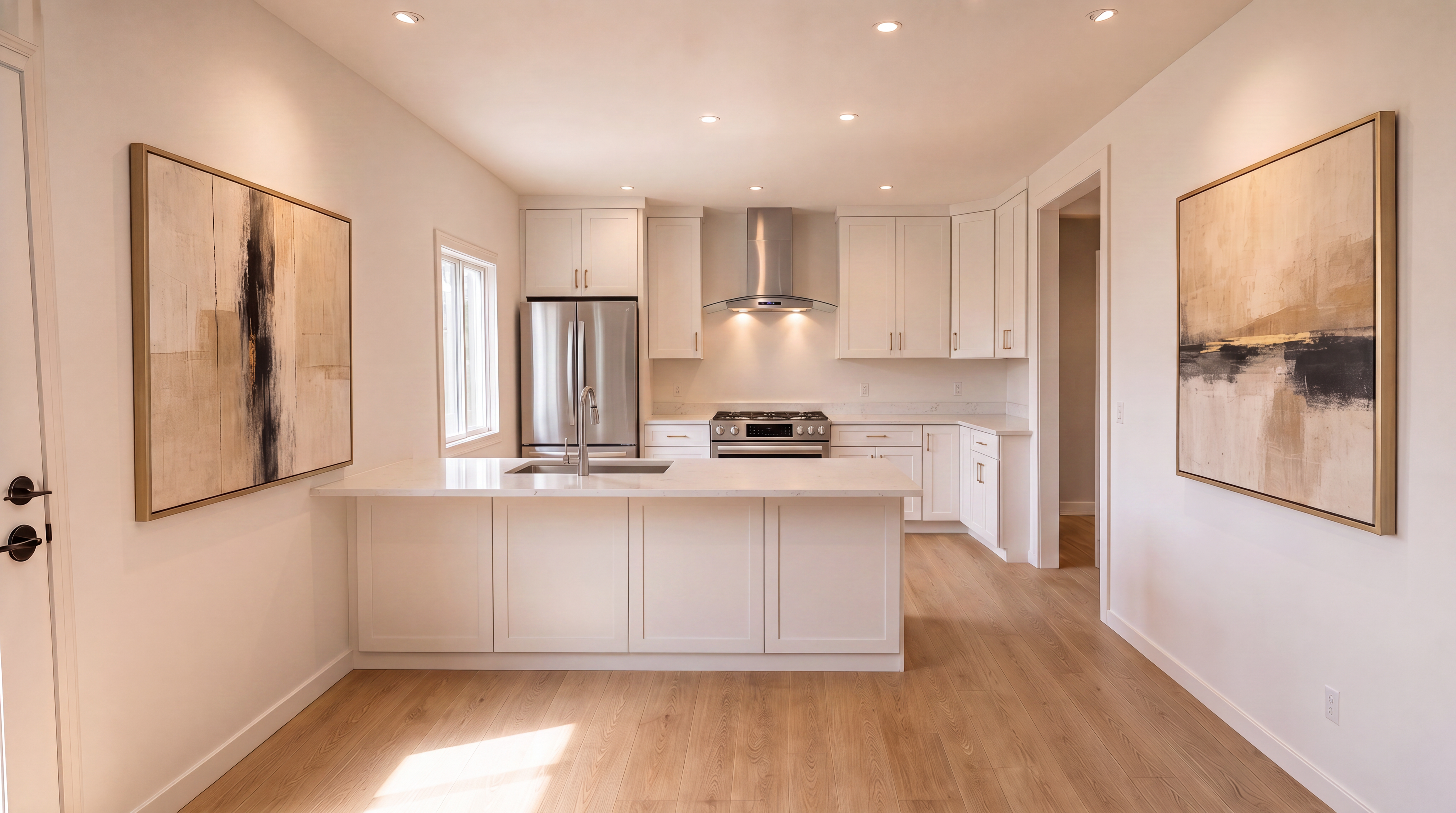 This bright, modern kitchen features white shaker-style cabinetry, quartz countertops, and high-end stainless steel appliances, including a range hood. The kitchen layout is anchored by a functional island with a built-in sink, set against light hardwood floors and walls adorned with contemporary framed artwork. The space is illuminated by recessed lighting, creating a clean, airy, and inviting atmosphere ideal for a contemporary home.