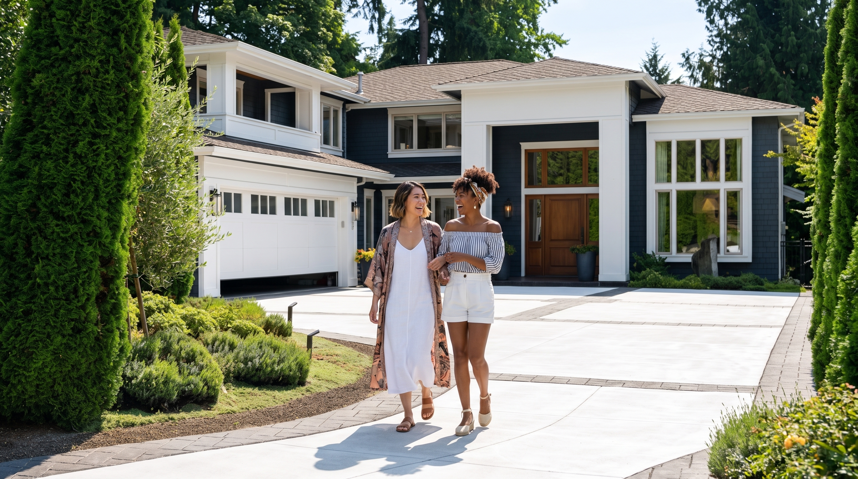 This striking contemporary home features a dark-toned exterior contrasted by crisp white trim and a prominent, grand entryway. A wide, curved concrete driveway leads to the multi-car garage and main entrance, framed by manicured landscaping and a row of tall, slender evergreen trees. The perspective is a wide-angle shot from the street, capturing the inviting curb appeal and the lush, mature greenery surrounding the property.
