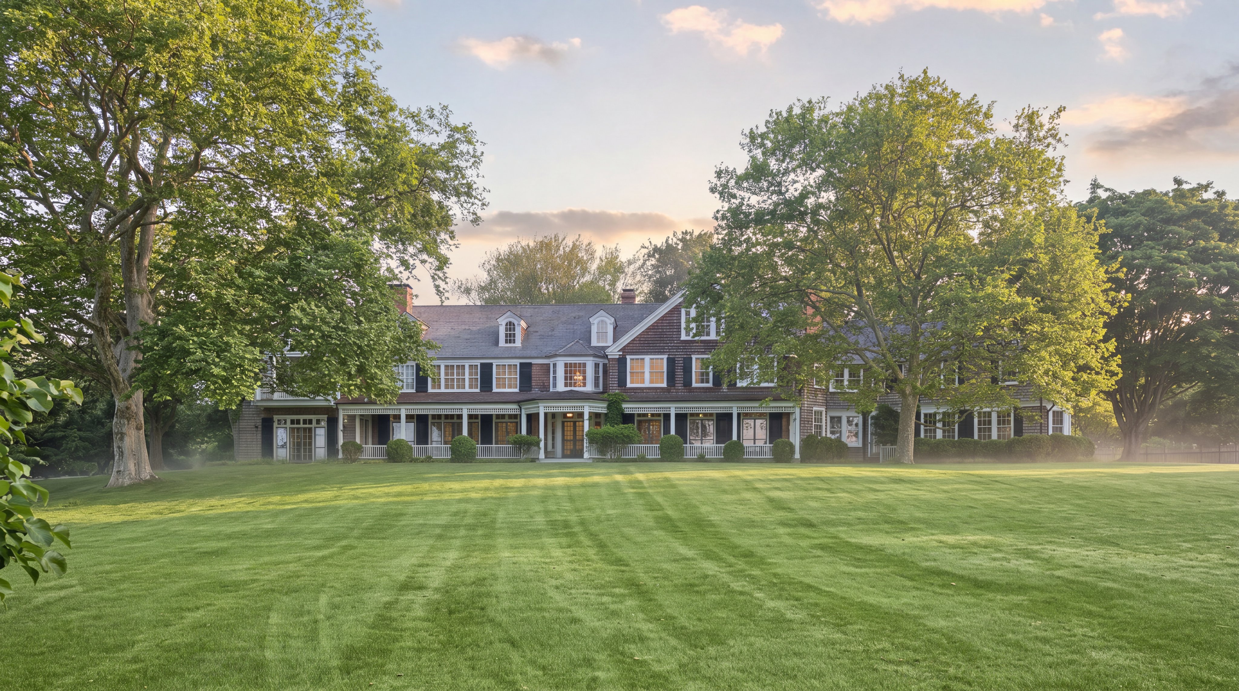 This grand estate features traditional shingle-style architecture set against a sprawling, meticulously manicured lawn. The home boasts a long, welcoming covered porch, symmetrical windows with dark shutters, and dormers along the roofline, projecting an elegant and timeless aesthetic. The lush mature trees and soft evening lighting emphasize the property's serene, private setting.