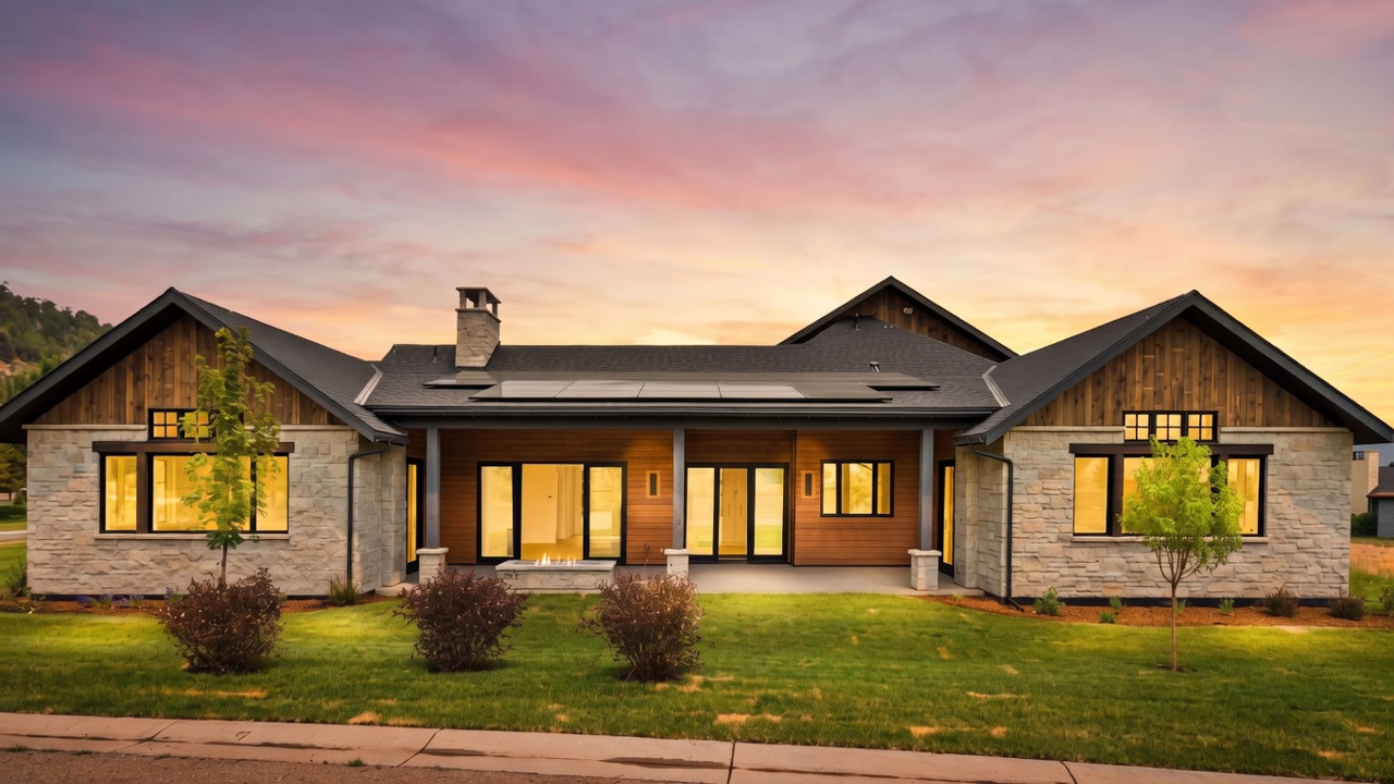 This rear view of a modern mountain-style home showcases a blend of light-colored stone masonry and warm-toned wood siding. The residence features a covered patio area with a central fire feature, large windows, and a dark shingled roof equipped with solar panels. The scene is set against a soft, twilight sky, highlighting the home's architectural symmetry and inviting outdoor living space.