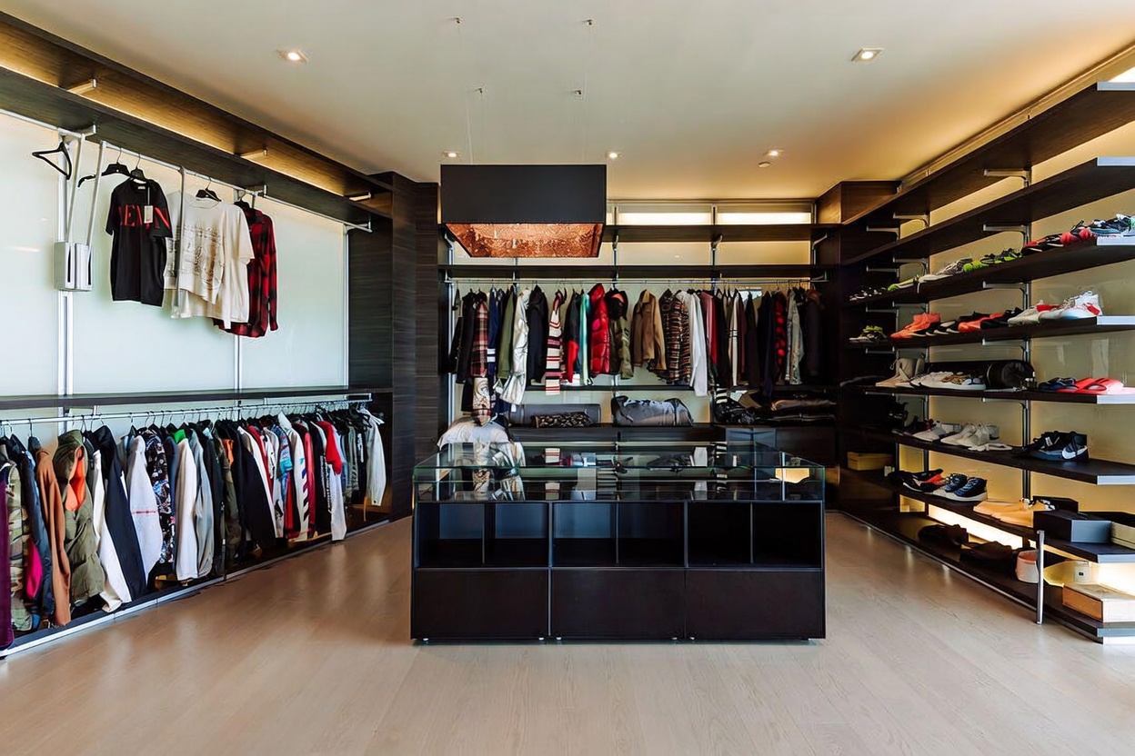 This expansive, high-end walk-in closet features dark wood shelving, extensive hanging space for clothing, and a central glass-topped display island. The room is illuminated by recessed lighting and a modern, textured pendant fixture, creating a sophisticated and organized boutique-like atmosphere. The light-toned hardwood flooring provides a clean contrast to the dark cabinetry, emphasizing the luxury and scale of the storage space.