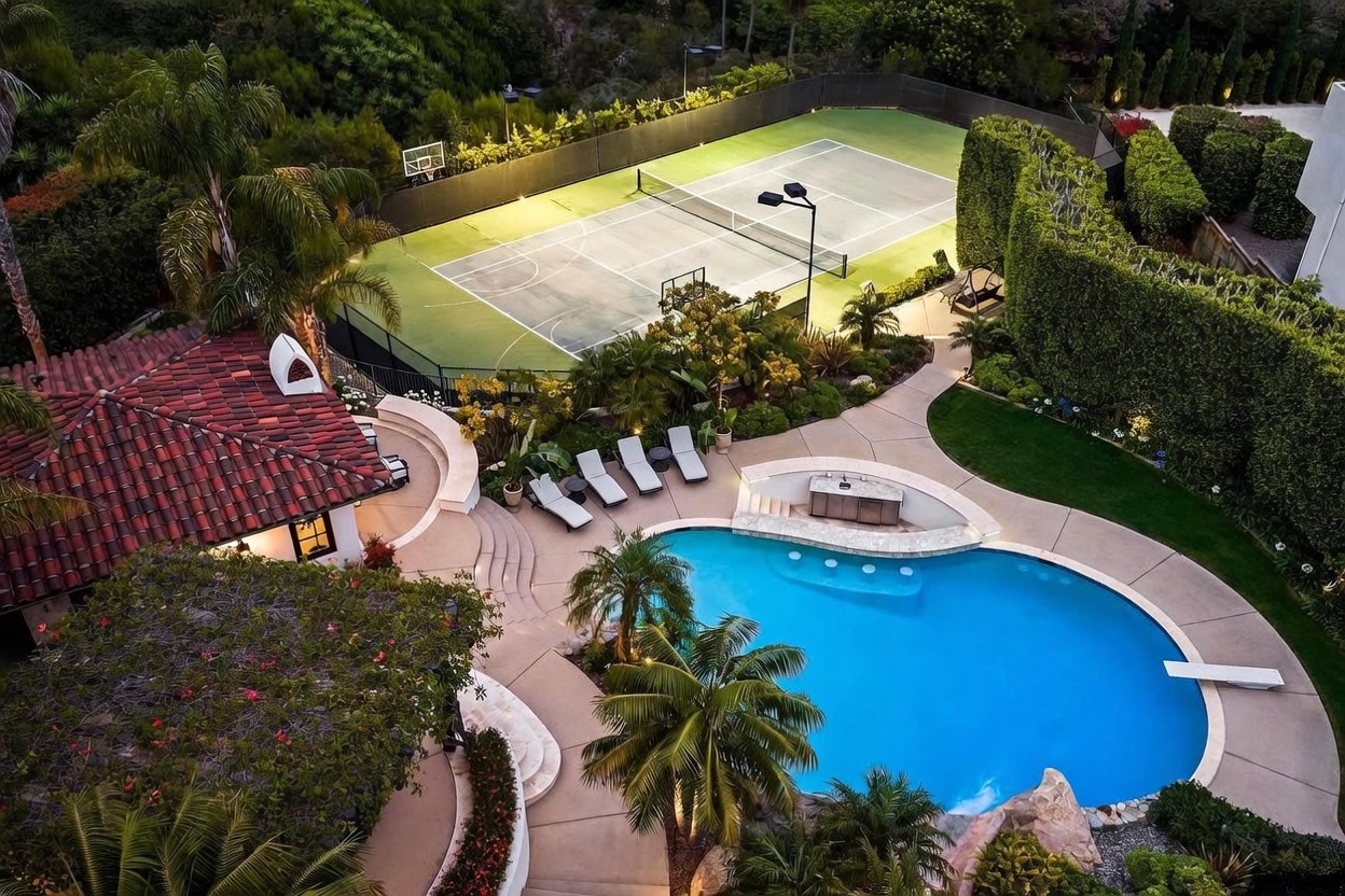This high-angle aerial view captures a luxurious backyard oasis featuring a large, free-form swimming pool with an integrated swim-up bar and a diving board. Adjacent to the pool is a tennis court enclosed by high fencing, complemented by a terracotta-tiled patio area with lounge chairs and a covered pergola. The property is surrounded by lush landscaping and mature trees, creating a private and resort-like atmosphere.