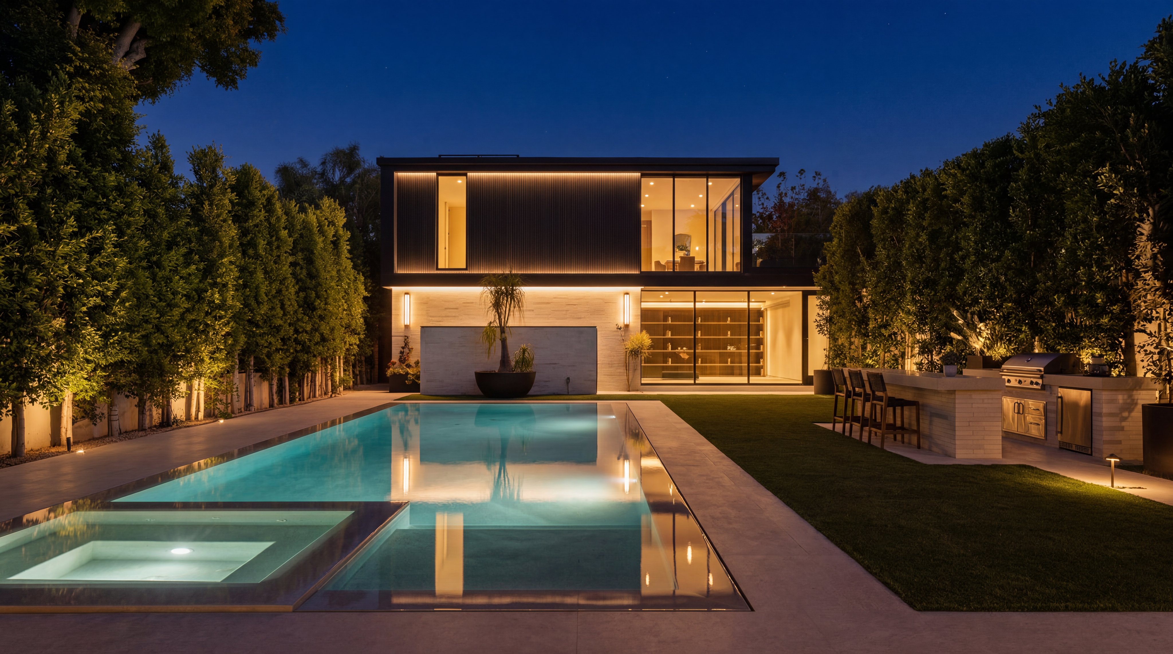 This stunning contemporary residence is showcased at twilight, highlighting its sophisticated architectural design and seamless indoor-outdoor transition. The property features a sleek, modern infinity pool and spa, a manicured lawn, and an outdoor kitchen area, perfect for resort-style entertaining. With illuminated vertical accents and floor-to-ceiling glass, the home exudes a refined, luxurious atmosphere.