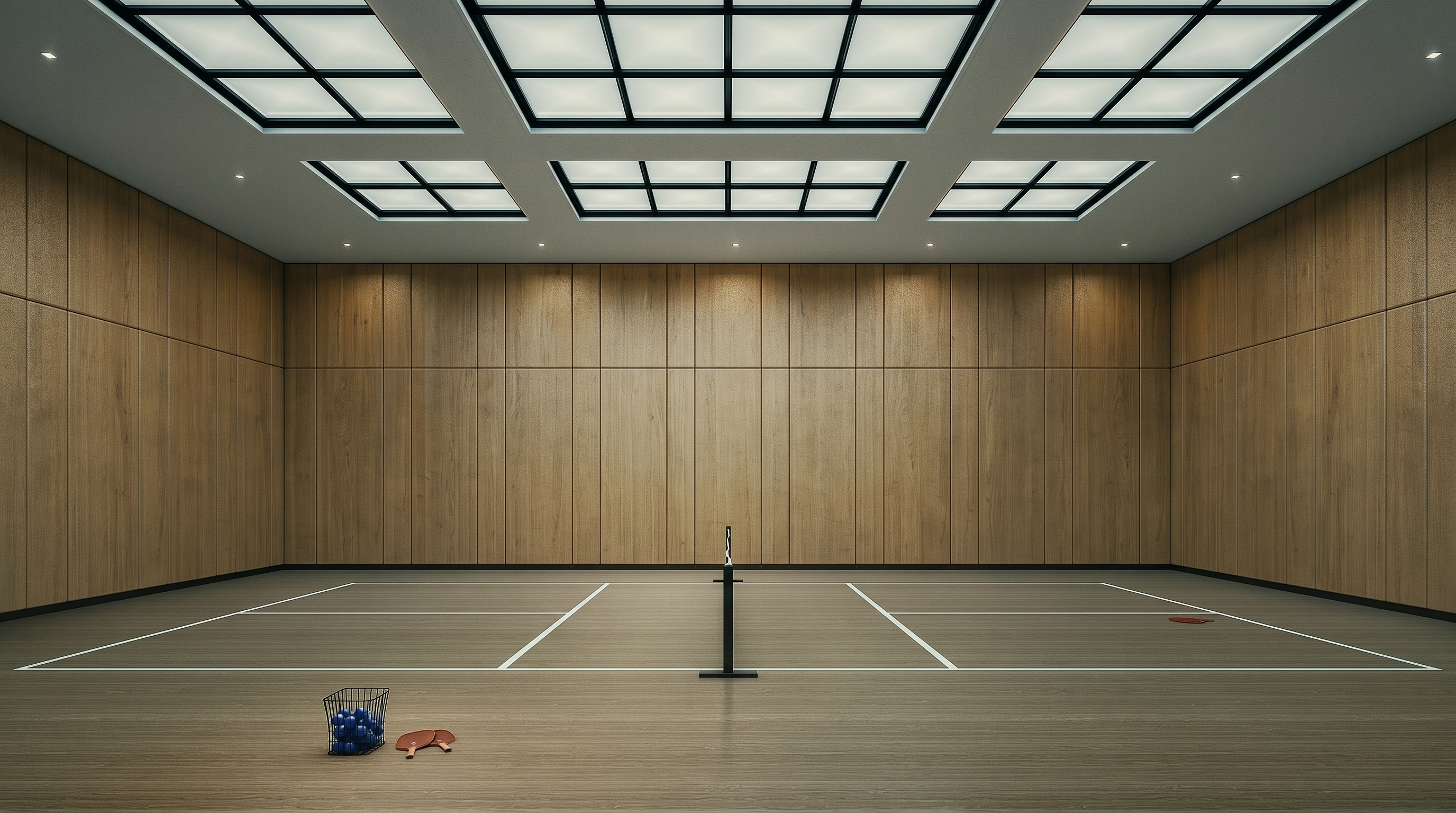 This indoor sports court features light wood flooring and paneled walls, creating a clean and minimalist aesthetic. The space is illuminated by a grid of recessed ceiling lights, and a central net divides the court, which is equipped with a ball basket and paddles. The perspective is a wide, symmetrical shot that emphasizes the depth and professional design of the recreational area.