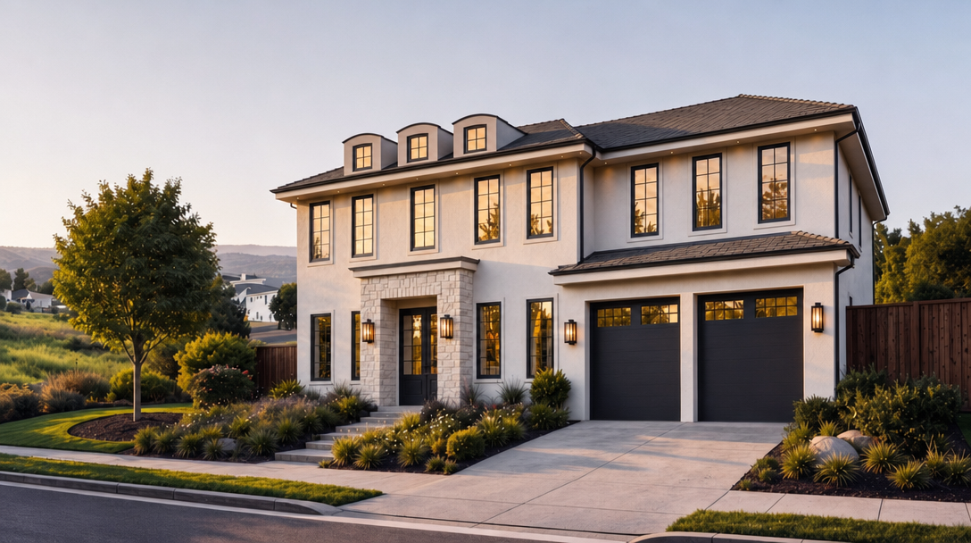 This elegant, two-story modern farmhouse features a sophisticated stucco exterior with stone accents around the entryway and clean-lined dark window frames. The property boasts a spacious attached two-car garage, a neatly manicured front garden, and a grand entrance with prominent outdoor wall sconces. Set against a serene landscape at golden hour, this home offers excellent curb appeal and a warm, inviting aesthetic.
