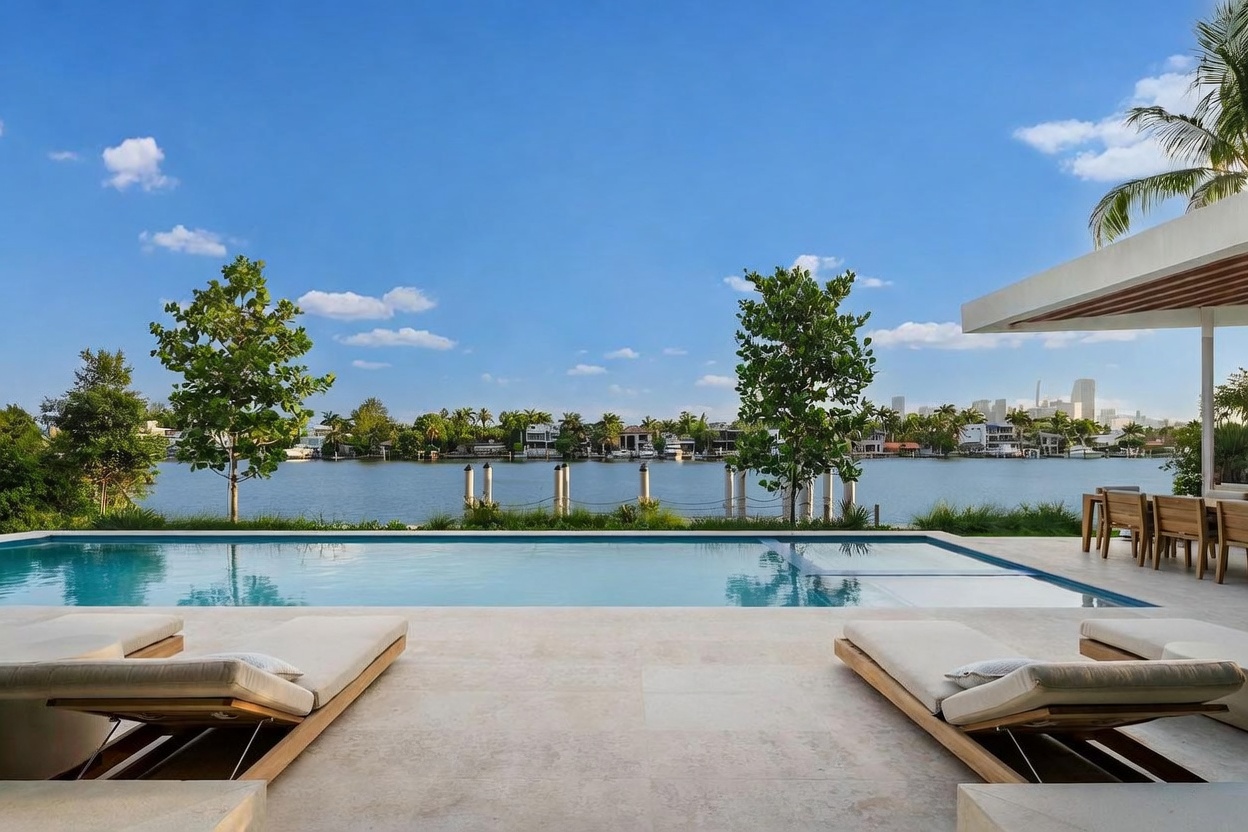 This luxurious outdoor space features a sleek, rectangular infinity-edge pool overlooking a calm waterway and distant city skyline. Two modern lounge chairs sit on a light-toned stone patio in the foreground, while a covered dining area with wooden furniture is visible to the right. The scene is framed by lush green trees and a clear blue sky, creating a serene and high-end waterfront atmosphere.