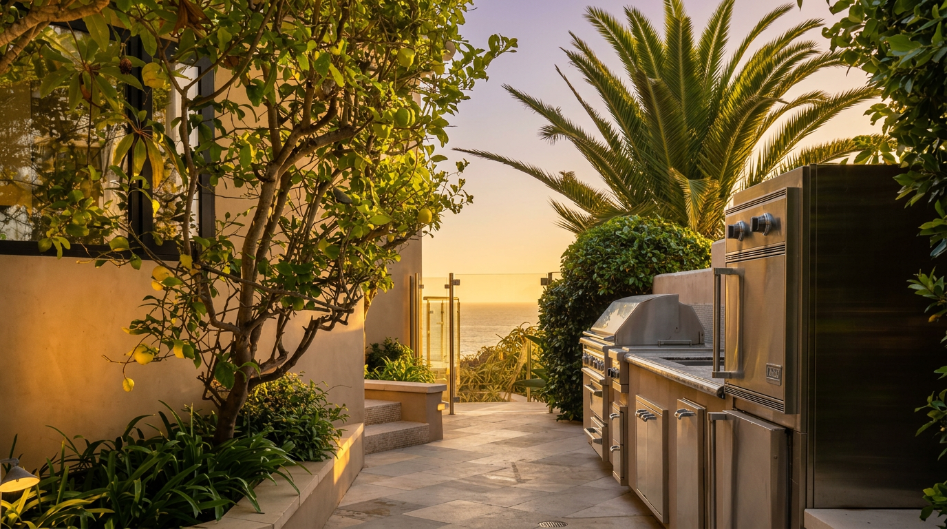 This outdoor living space features a built-in stainless steel kitchen area with a grill and refrigerator, set against a stone-paved patio. A lush tree with lemons frames the left side, while a tall palm tree and coastal foliage provide a tropical backdrop. The perspective looks toward a glass-railed staircase that leads down toward a stunning, unobstructed view of the ocean.