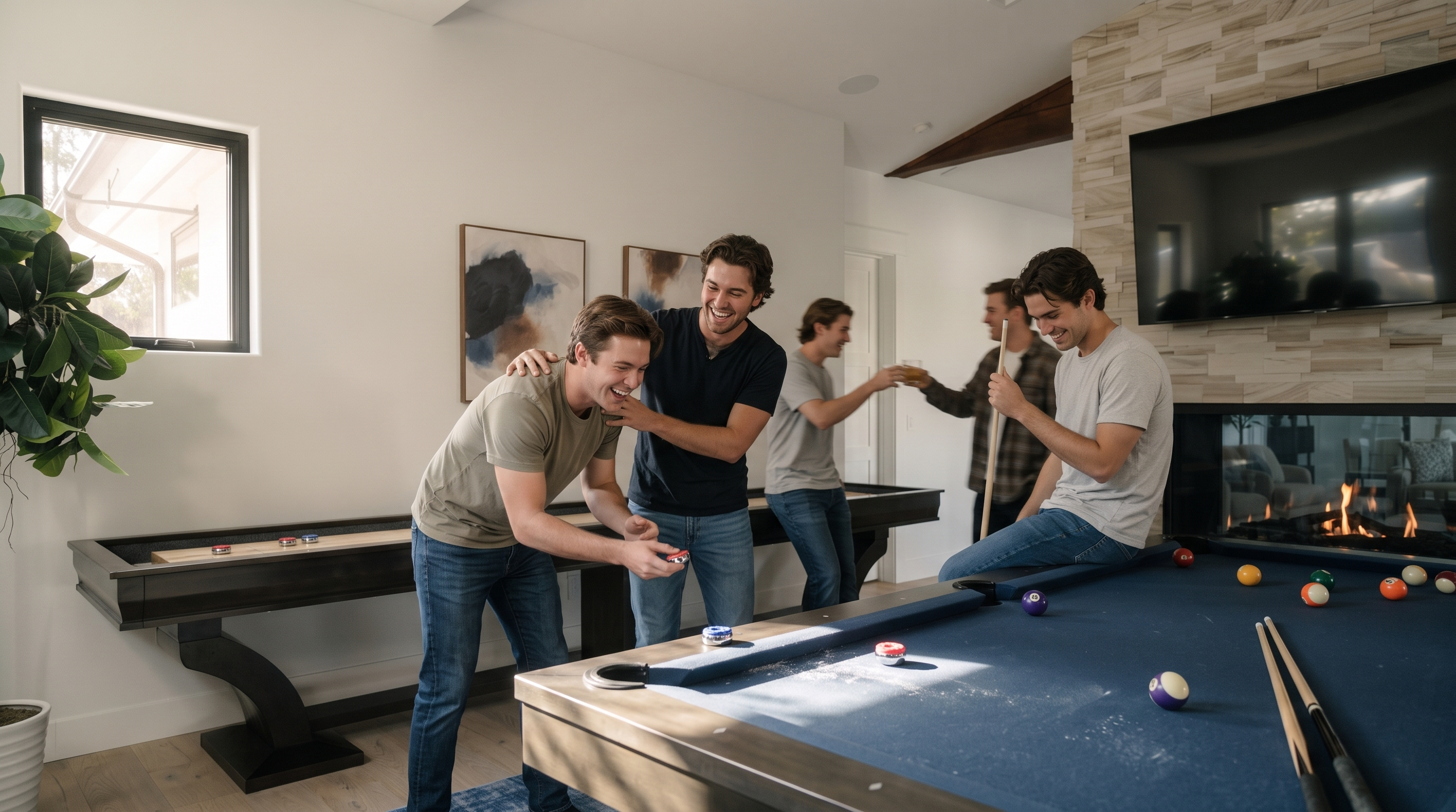 This modern game room features a central blue-felt pool table resting on a textured blue rug, complemented by a sleek shuffleboard table against the left wall. A dramatic, floor-to-ceiling stone fireplace serves as a focal point, housing both a built-in fire feature and a wall-mounted television. The space is accented by contemporary artwork, a potted plant, and vaulted ceilings with exposed beams, creating a sophisticated and entertainment-focused living area.