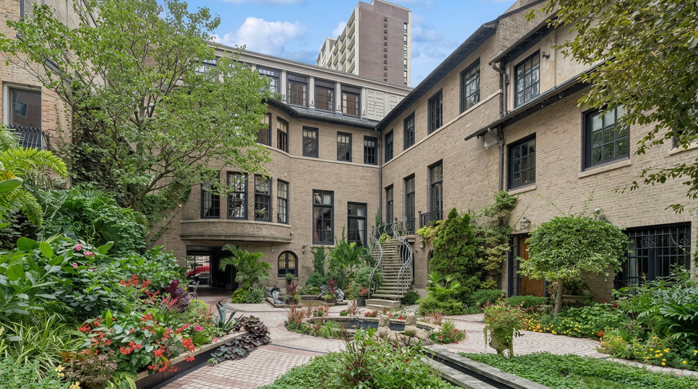 This image captures a serene, multi-level courtyard garden nestled within a historic brick building complex. The space features a central stone fountain, winding paved walkways, and lush, mature landscaping that creates a private, tranquil atmosphere. A grand stone staircase leads to an elevated terrace, enhancing the architectural character and providing a sophisticated, European-inspired aesthetic.
