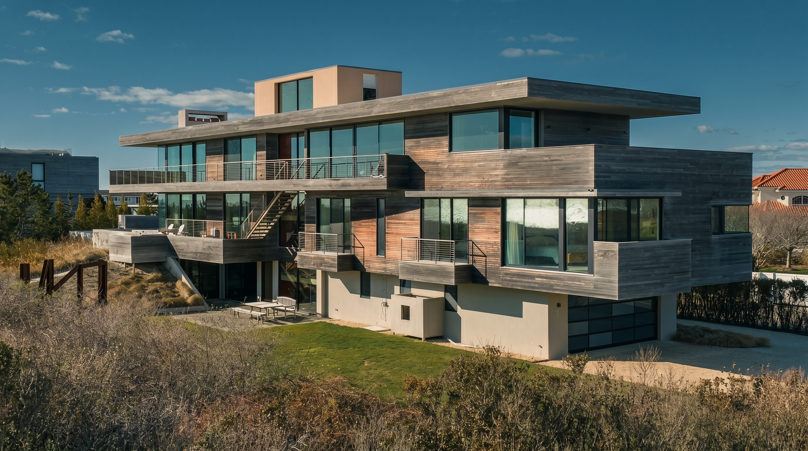 This contemporary multi-level residence features a striking architectural design with horizontal wood siding and expansive glass walls that offer seamless indoor-outdoor connectivity. The home is nestled into a coastal landscape, showcasing multiple balconies, a ground-level patio area, and a built-in garage. The perspective captures the structure from a slightly elevated angle, highlighting its modern aesthetic and integration with the surrounding natural environment.
