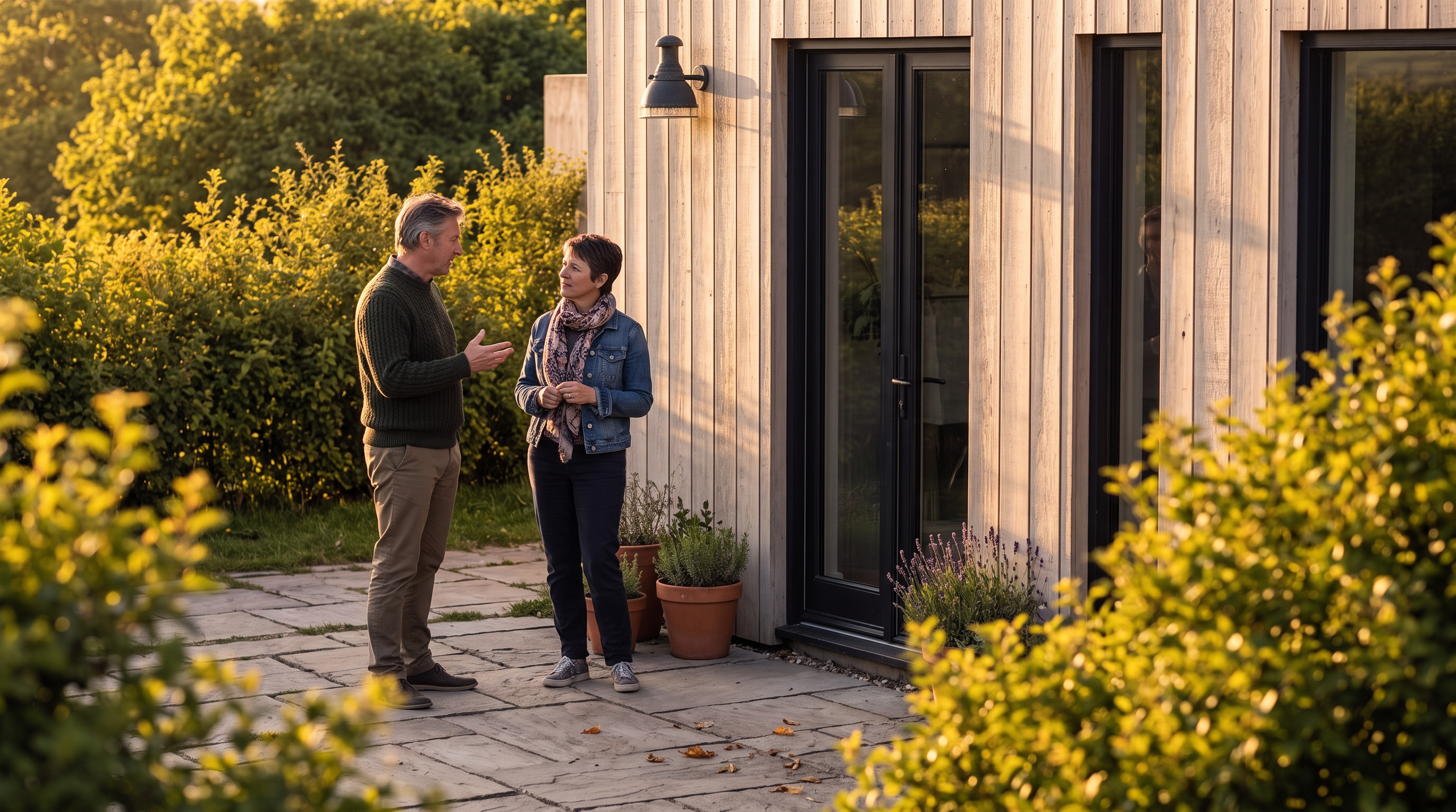 This outdoor living space features a stone-paved patio adjacent to a modern home with natural wood siding and black-framed glass doors. The area is decorated with potted greenery, including lavender and herbs, and is bathed in warm, golden-hour sunlight. A couple is captured in casual conversation, highlighting the inviting and tranquil atmosphere of the home's exterior living area.