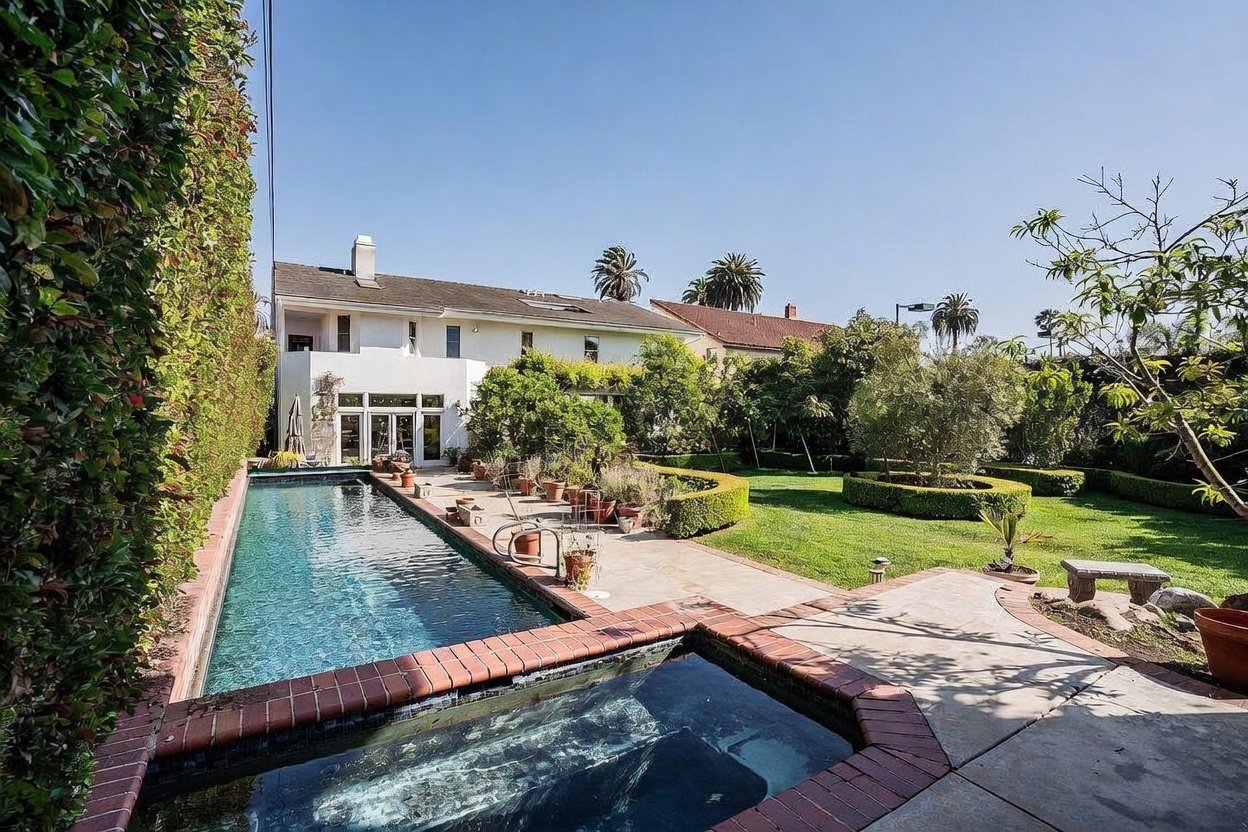 This backyard features a long, rectangular swimming pool paired with a raised brick-edged spa in the foreground. The surrounding area includes a concrete patio, a lush green lawn with manicured hedges, and a variety of mature trees and shrubs. The white exterior of the house is visible in the background, showcasing a classic architectural style with large glass doors leading out to the pool deck.