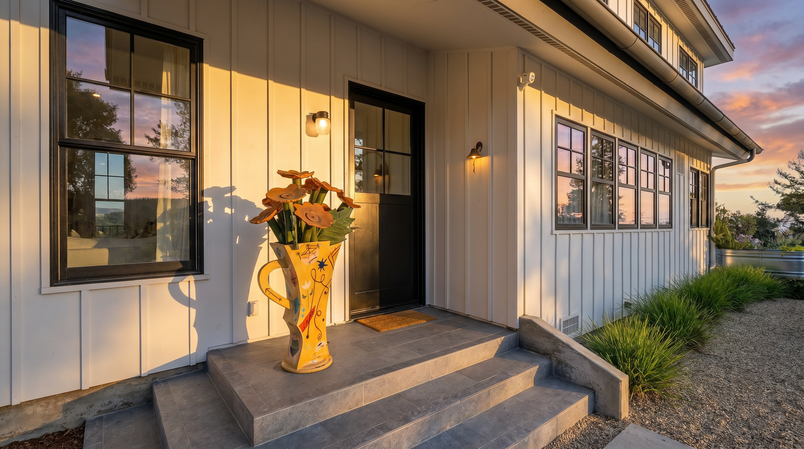 This modern farmhouse entryway features vertical white board-and-batten siding and a striking black-framed door. A unique, sculptural yellow vase with faux flowers adds a whimsical touch to the grey stone-tiled porch, while sleek black window frames and a matching exterior light fixture complete the clean, contemporary aesthetic.