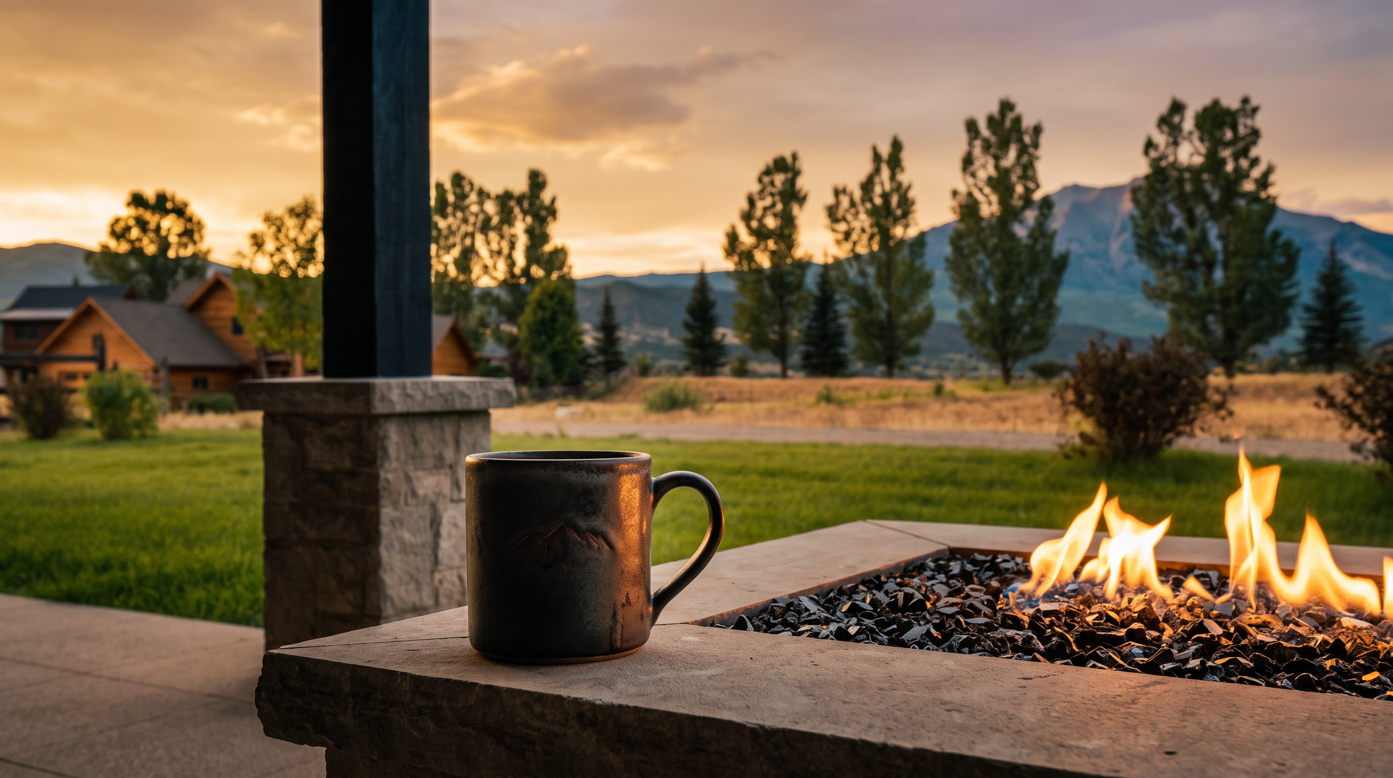 This outdoor living space features a rectangular stone fire pit with black glass fire media, set on a covered concrete patio. The area overlooks a well-maintained grassy lawn and offers scenic views of a neighboring mountain home and the surrounding mountain range. It provides a serene, picturesque setting ideal for relaxation and entertaining.