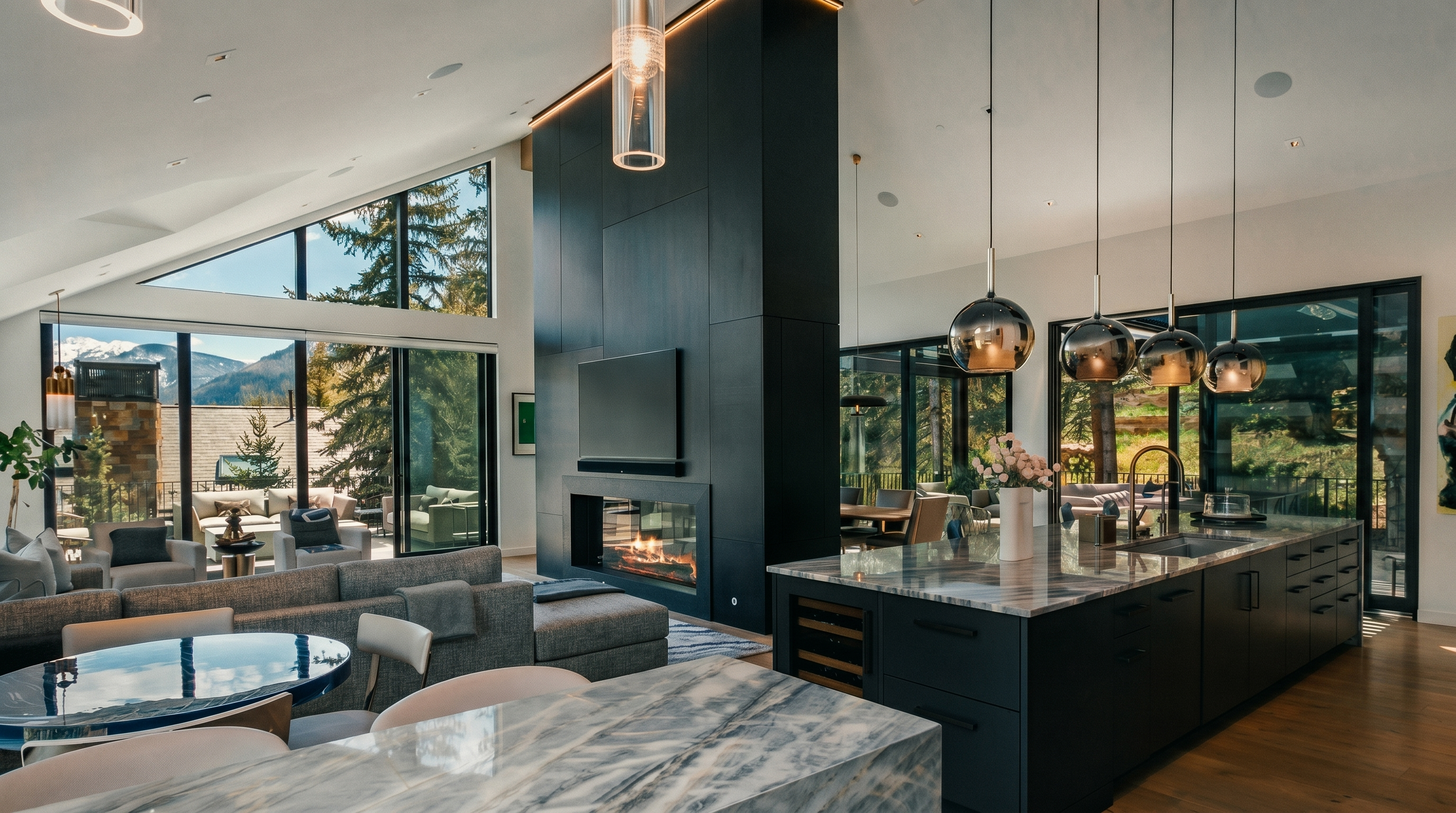 This open-concept living space features a modern kitchen with a large stone-topped island and dark cabinetry, seamlessly flowing into a living area anchored by a tall, dark-clad fireplace. Large windows provide expansive views of the surrounding mountain landscape, while a series of glass pendant lights hang above the island. The interior design is contemporary and sophisticated, emphasizing clean lines and a neutral color palette.