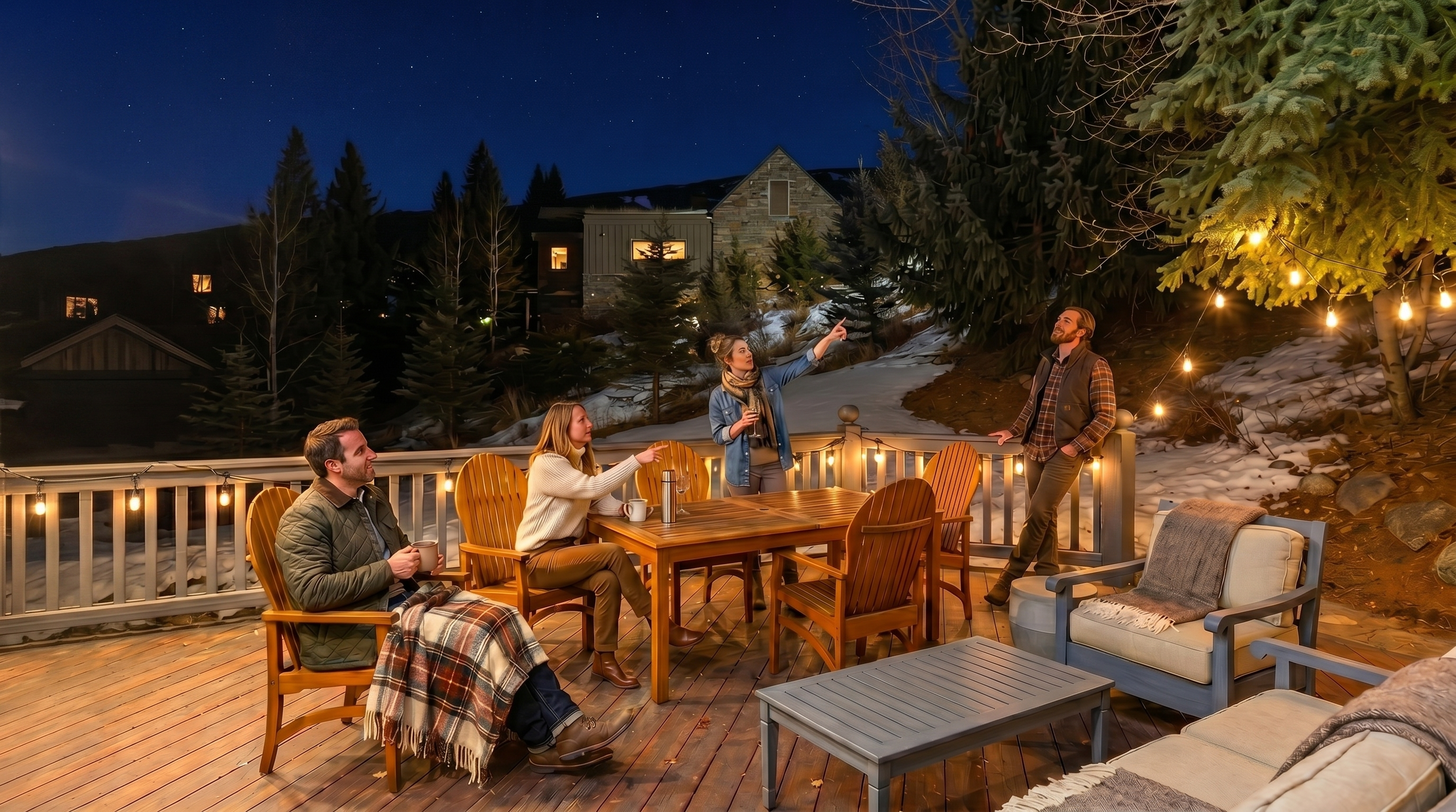 This spacious wooden deck offers a comfortable outdoor living area furnished with a dining set and a separate lounge seating arrangement. The deck overlooks a natural, wooded landscape with patches of snow, providing a serene and private mountain-style atmosphere. Large windows on the adjacent home exterior suggest a seamless connection between the indoor and outdoor living spaces.
