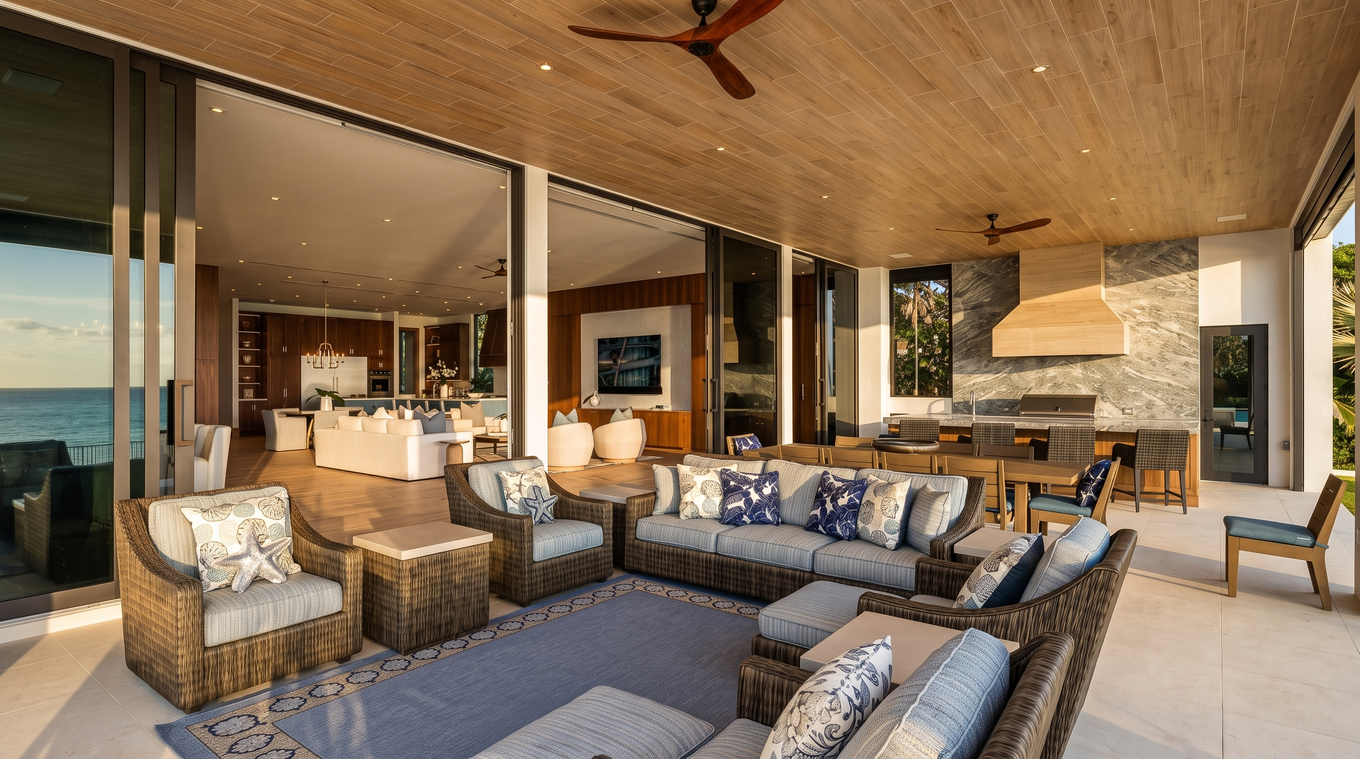 This expansive covered outdoor living space features a sophisticated lounge area with wicker furniture and a dining set, seamlessly connected to the interior through large sliding glass doors. The area is equipped with a full outdoor kitchen featuring a stone-clad chimney breast and a wood-paneled ceiling with integrated fans. The open-concept design creates a luxurious transition between the indoor living room and the outdoor terrace, offering a bright and airy atmosphere.