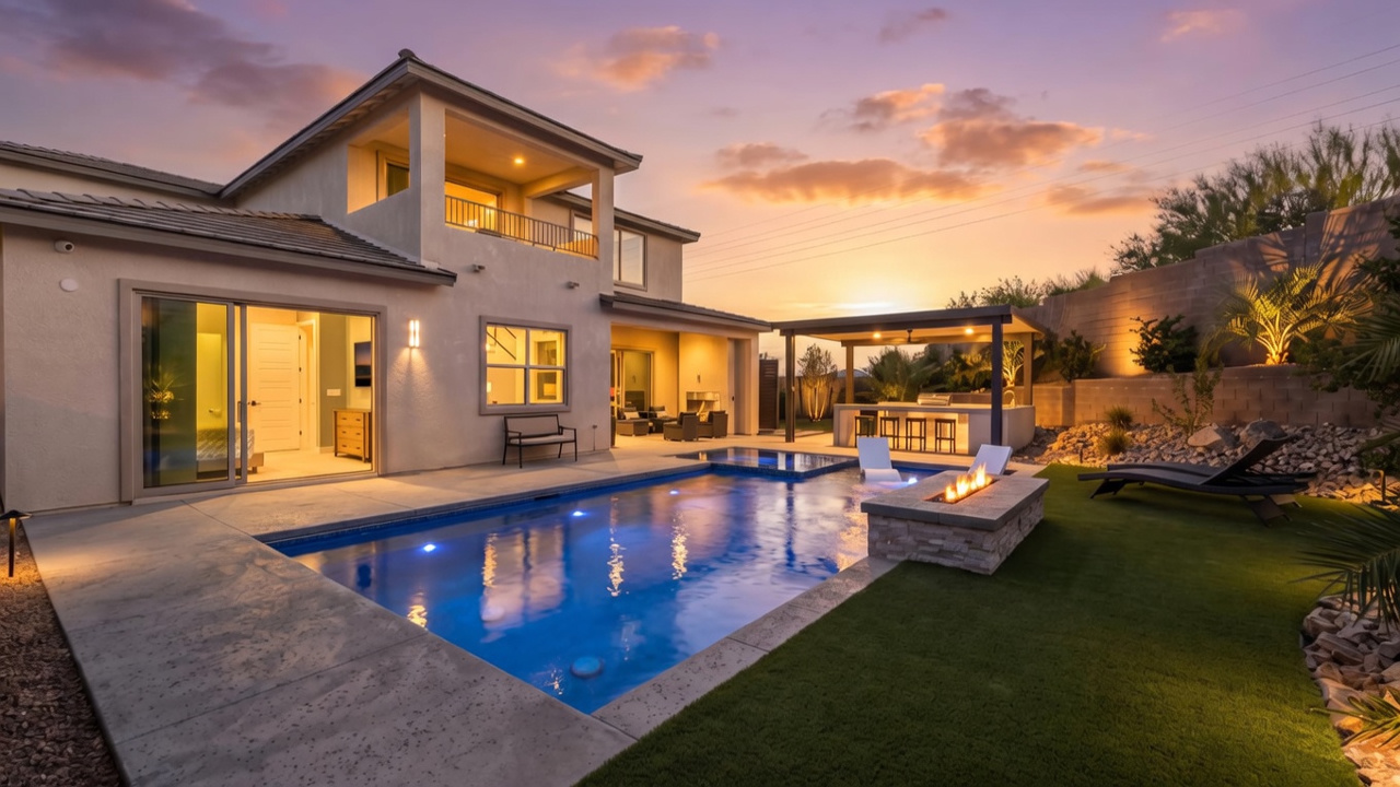 This stunning twilight view captures a modern backyard oasis featuring a vibrant blue swimming pool with integrated lighting and a built-in spa. Adjacent to the pool, a stone-clad fire feature adds warmth, while a covered outdoor kitchen and bar area provide an ideal space for evening entertaining. The scene is framed by manicured artificial turf and a tiered landscape, creating a sophisticated and inviting atmosphere for outdoor living.