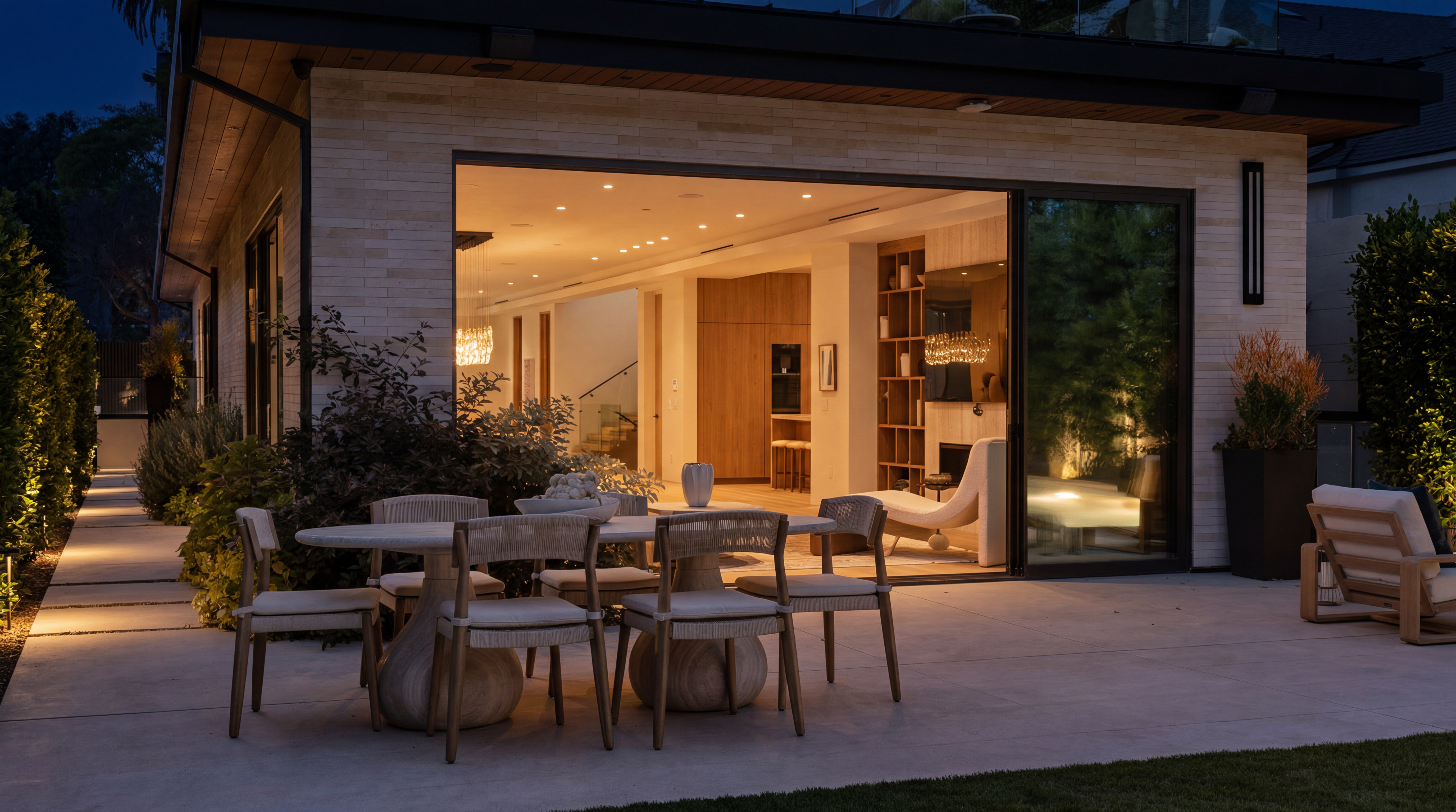 This stunning contemporary patio area features a seamless indoor-outdoor transition through large sliding glass doors, opening onto a refined outdoor dining space. The exterior is accented by sleek stone cladding, elegant warm landscape lighting, and sophisticated modern furnishings. The overall aesthetic is one of luxury, tranquility, and high-end design, perfectly suited for sophisticated evening entertaining.