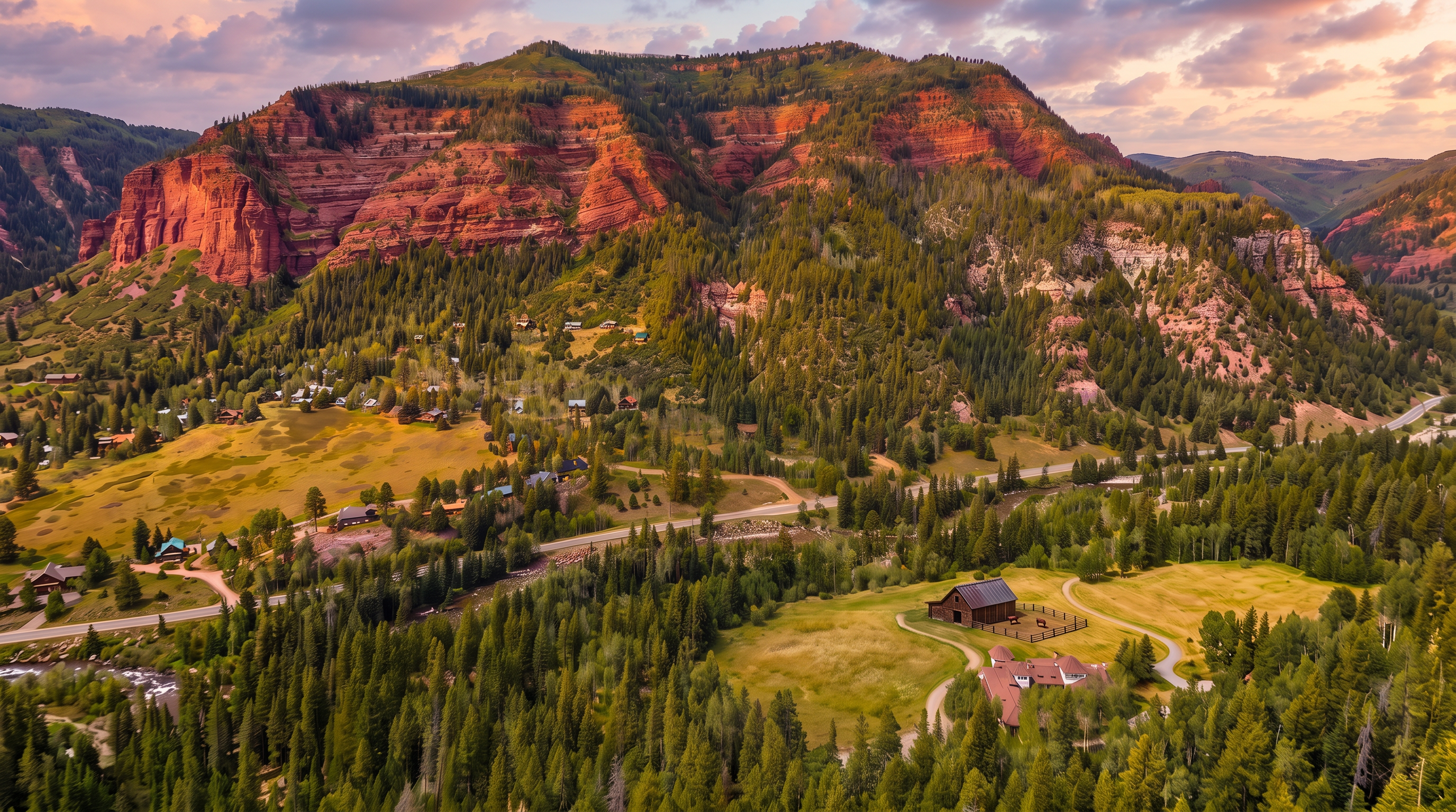 This stunning aerial view captures a sprawling mountain property nestled in a lush valley against a backdrop of dramatic red rock cliffs. The landscape features a mix of dense evergreen forests, open golden meadows, a meandering river, and several rustic structures including a prominent barn and a residential estate. The scenery offers a serene and picturesque setting, characteristic of high-end, scenic wilderness real estate.