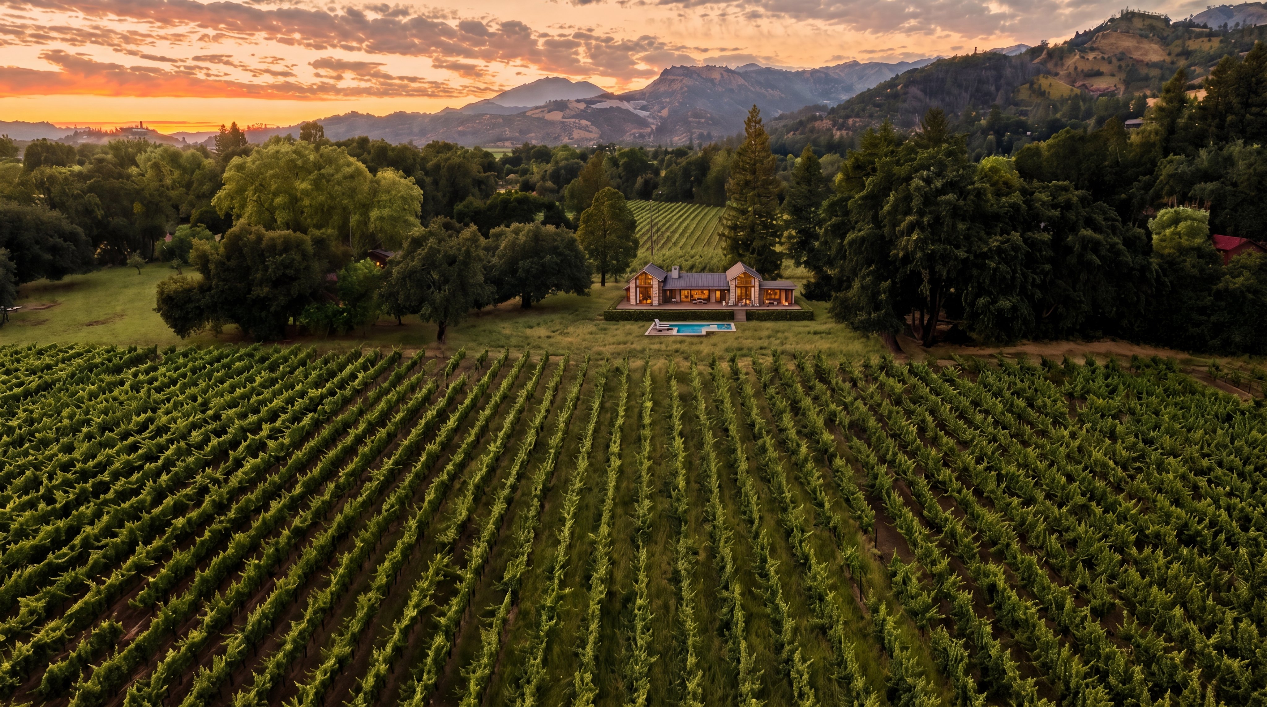 This stunning sunset aerial view showcases a modern gabled residence nestled within a vast, lush vineyard. The property features a pristine rectangular swimming pool set against a backdrop of rolling mountains and mature trees, creating a serene and luxurious atmosphere. The home's contemporary design and expansive grounds embody a peaceful, elegant estate lifestyle.