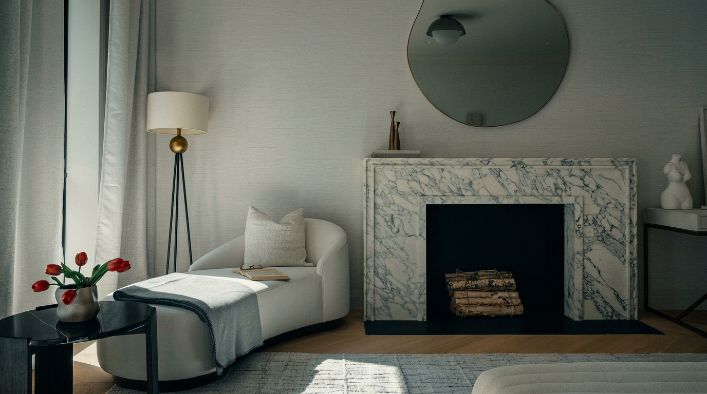 This elegant living space features a sophisticated marble fireplace as its focal point, complemented by a chic, curved chaise lounge and a modern, organic-shaped mirror. The room is bathed in soft, natural light, highlighting the textured wallpaper, light wood flooring, and a minimalist aesthetic. The composition is balanced and serene, creating a luxurious and inviting atmosphere perfect for relaxation.
